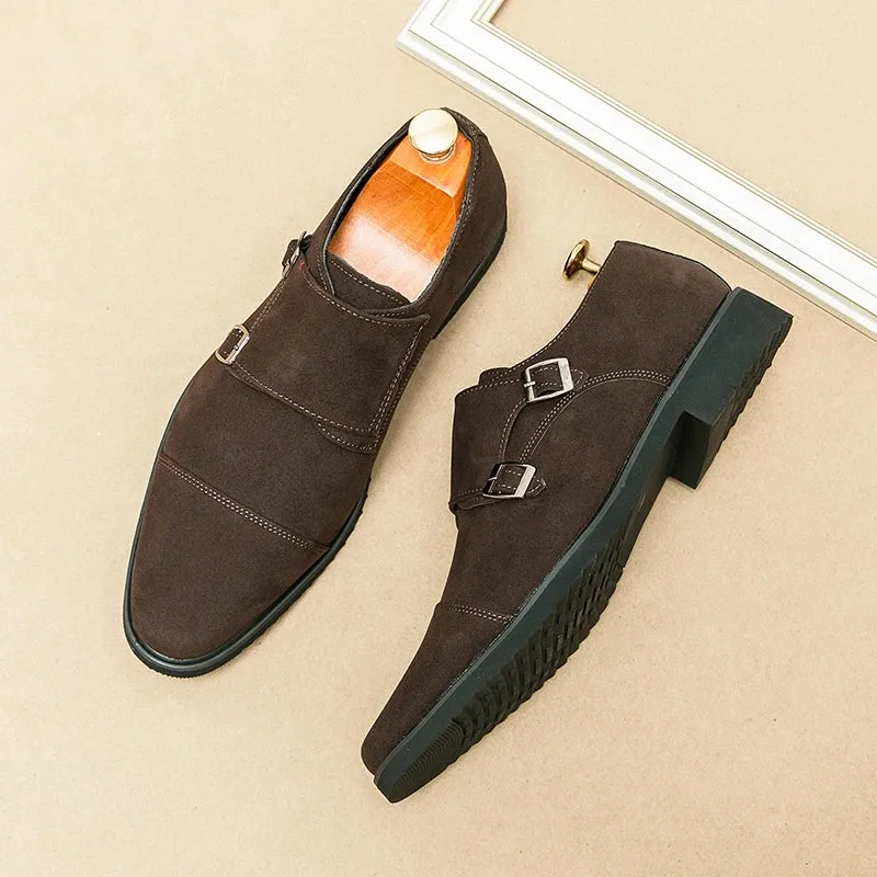 Hnzxzm New Brown Loafers Flock Double Buckle Monk Shoes Black Square Toe Slip-On Business Men Dress Shoes Size 38-46