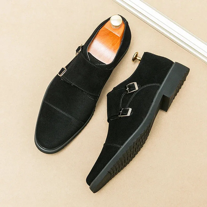 Hnzxzm New Brown Loafers Flock Double Buckle Monk Shoes Black Square Toe Slip-On Business Men Dress Shoes Size 38-46