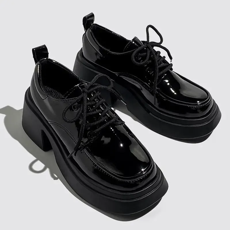 Hnzxzm Patent Pu Leather Black Goth Women's Shoes Lace-up Loafers British New Luxury Woman Japanese Cosplay Anime Lolita Shoes