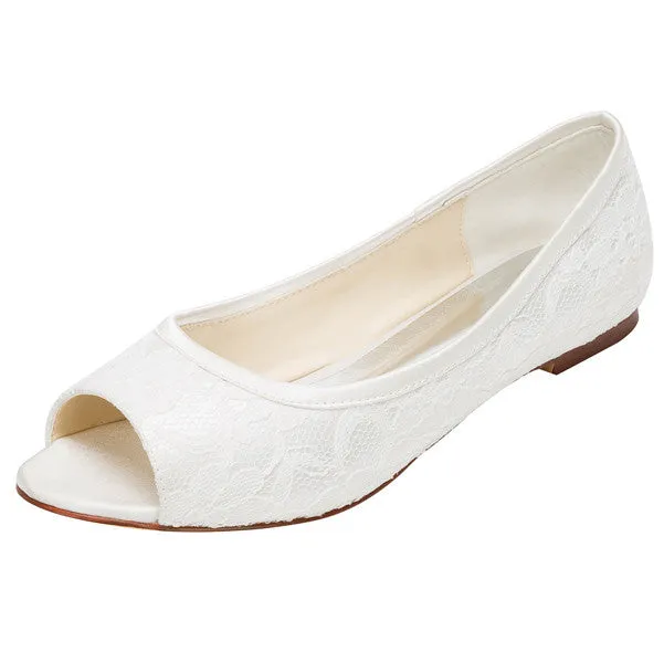 Lace Satin Flat Heel Closed Toe Simple Shoes,High Quality Wedding Shoes, L-574