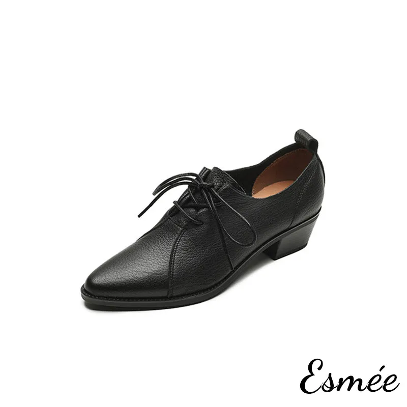 Leather Pointy Toe Oxford Shoes with 4.5 cm Block Heels