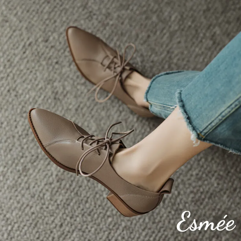 Leather Pointy Toe Oxford Shoes with 4.5 cm Block Heels