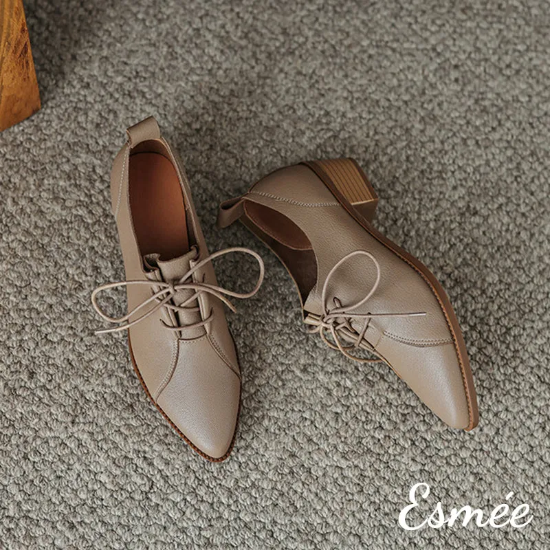 Leather Pointy Toe Oxford Shoes with 4.5 cm Block Heels