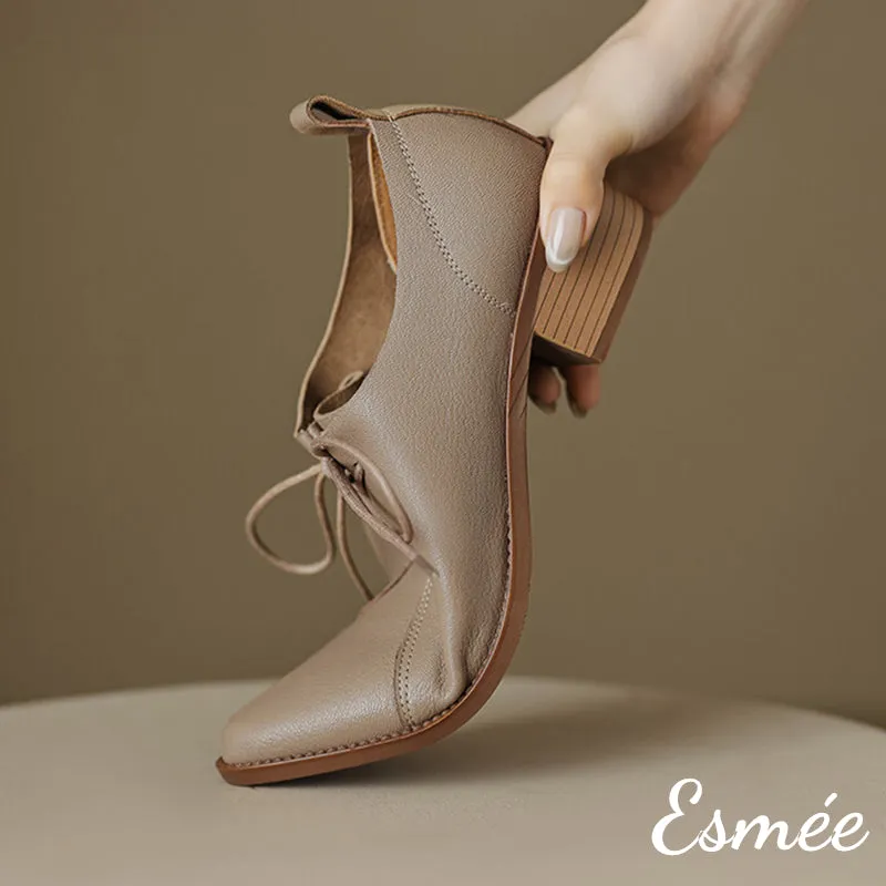 Leather Pointy Toe Oxford Shoes with 4.5 cm Block Heels