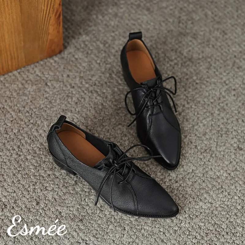 Leather Pointy Toe Oxford Shoes with 4.5 cm Block Heels