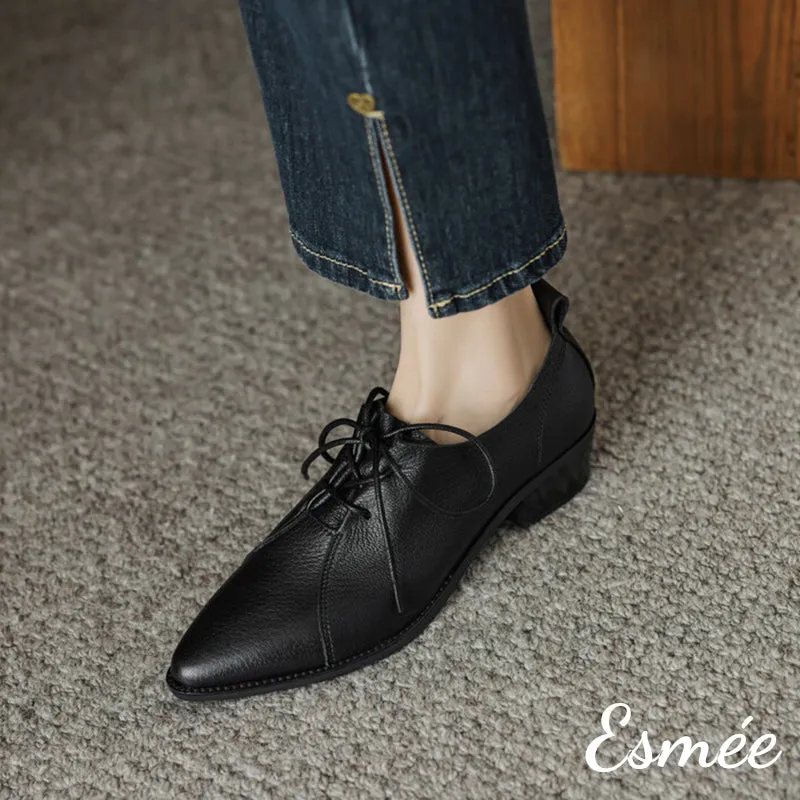 Leather Pointy Toe Oxford Shoes with 4.5 cm Block Heels