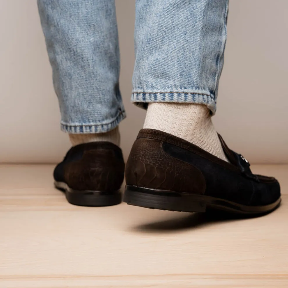 Marco Di Milano Hugo Men's Shoes Brown & Navy Suede / Ostrich Leg Horsebit Loafers (MDM1062)