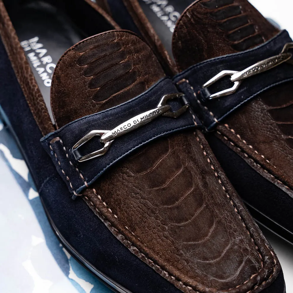 Marco Di Milano Hugo Men's Shoes Brown & Navy Suede / Ostrich Leg Horsebit Loafers (MDM1062)