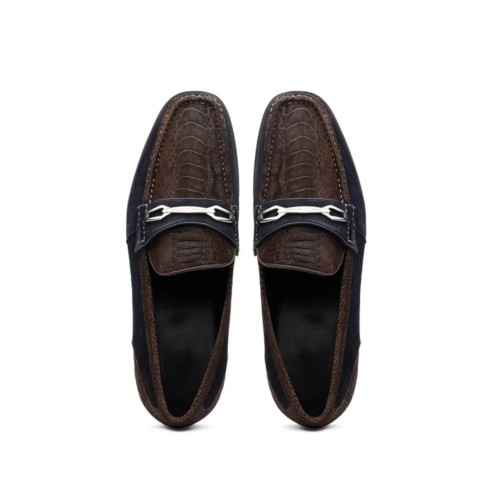 Marco Di Milano Hugo Men's Shoes Brown & Navy Suede / Ostrich Leg Horsebit Loafers (MDM1062)
