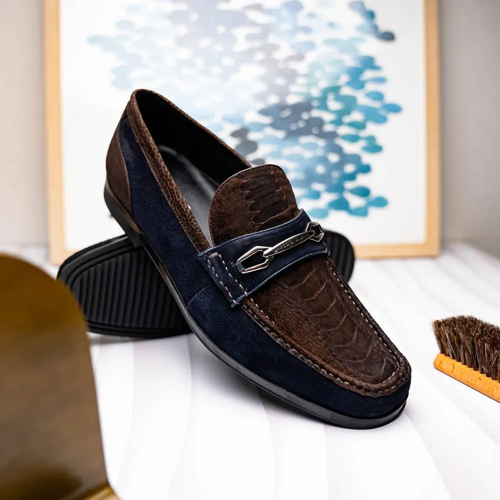 Marco Di Milano Hugo Men's Shoes Brown & Navy Suede / Ostrich Leg Horsebit Loafers (MDM1062)