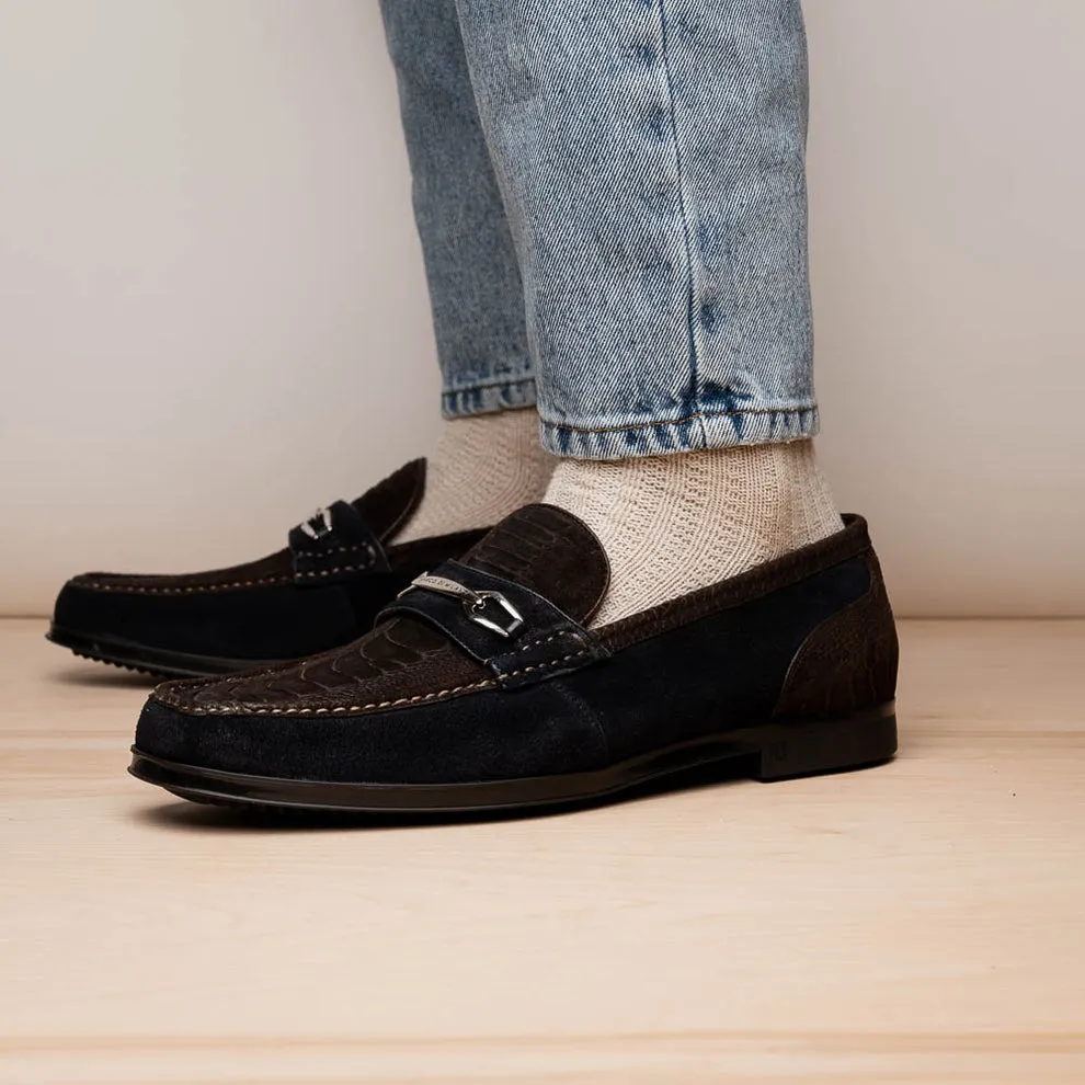 Marco Di Milano Hugo Men's Shoes Brown & Navy Suede / Ostrich Leg Horsebit Loafers (MDM1062)