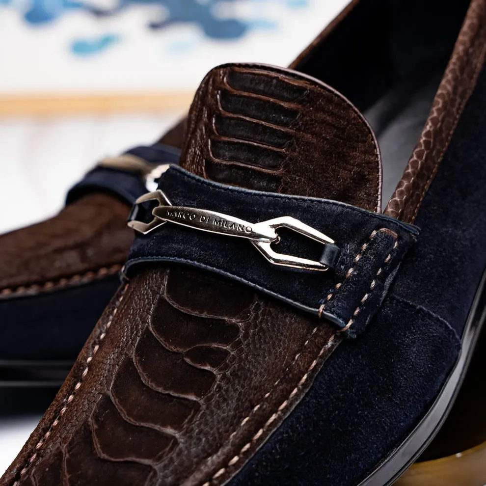 Marco Di Milano Hugo Men's Shoes Brown & Navy Suede / Ostrich Leg Horsebit Loafers (MDM1062)