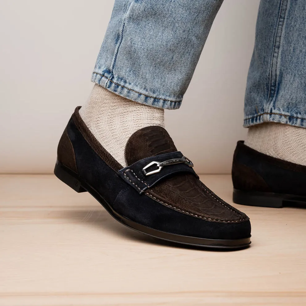 Marco Di Milano Hugo Men's Shoes Brown & Navy Suede / Ostrich Leg Horsebit Loafers (MDM1062)