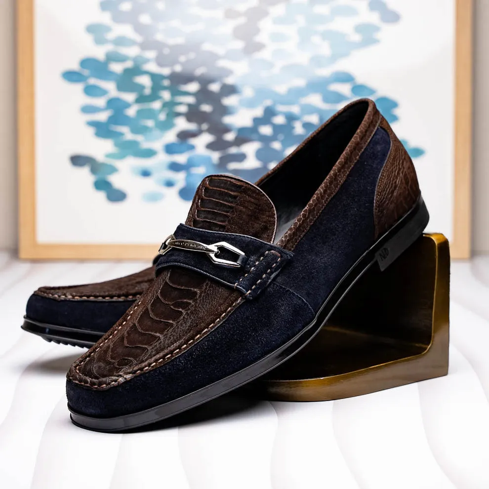 Marco Di Milano Hugo Men's Shoes Brown & Navy Suede / Ostrich Leg Horsebit Loafers (MDM1062)