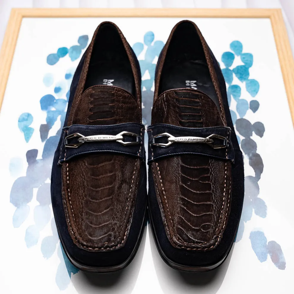 Marco Di Milano Hugo Men's Shoes Brown & Navy Suede / Ostrich Leg Horsebit Loafers (MDM1062)
