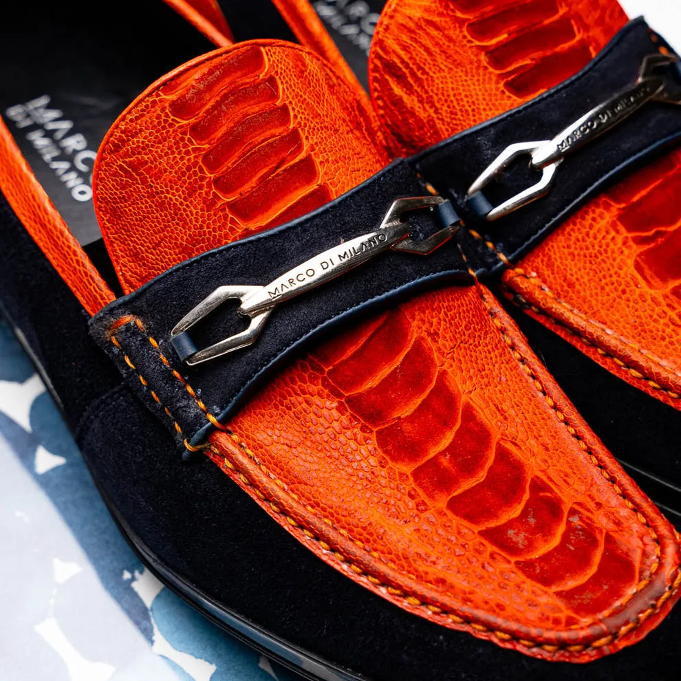 Marco Di Milano Hugo Men's Shoes Orange & Navy Suede / Ostrich Leg Horsebit Loafers (MDM1058)