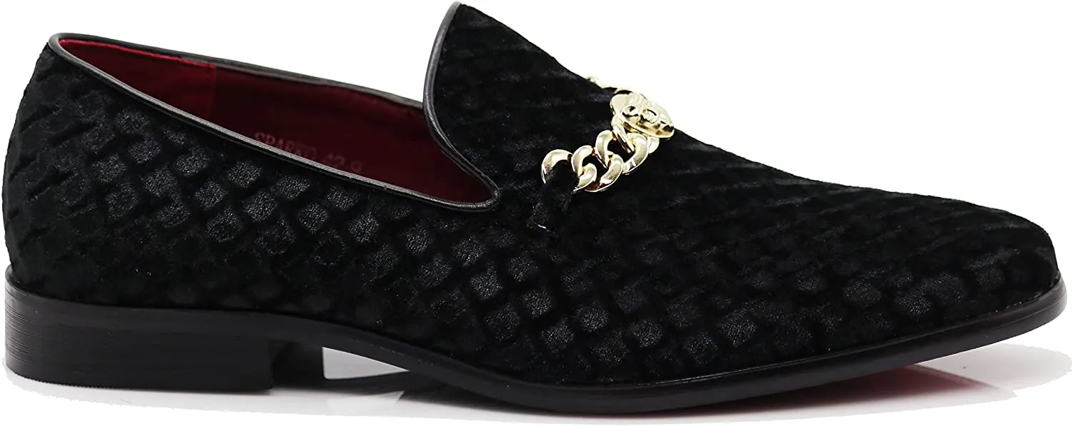 Men's Black Satin Classic Tuxedo Gold Chain Dress Loafer