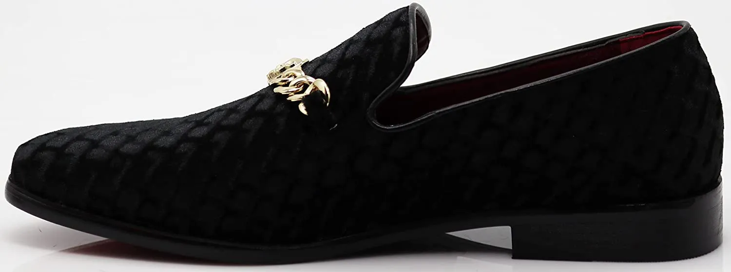 Men's Black Satin Classic Tuxedo Gold Chain Dress Loafer