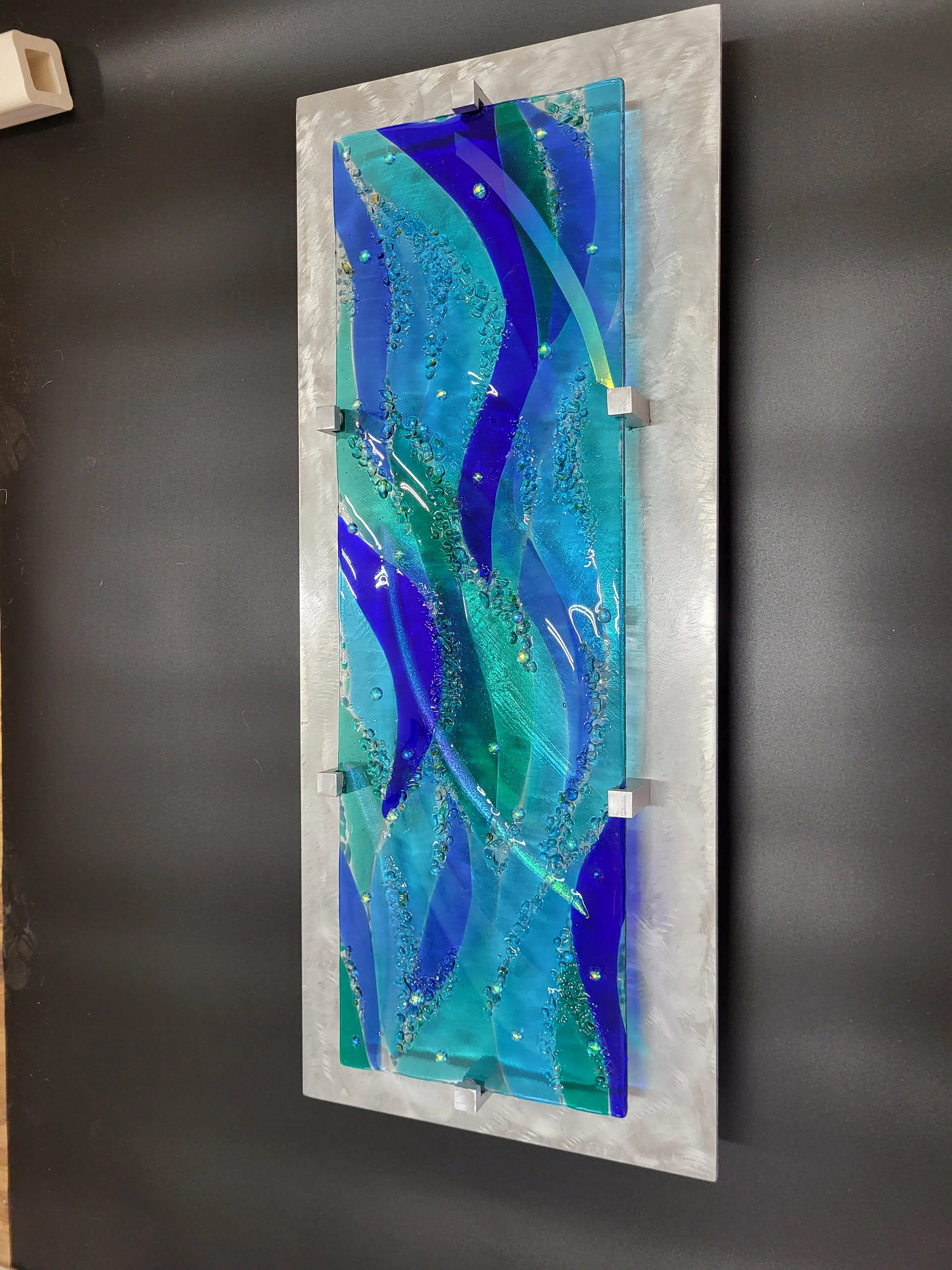 Metal and Glass Art Panel Fused Ocean Themed Stained Fused Glass.  "Water Ways"