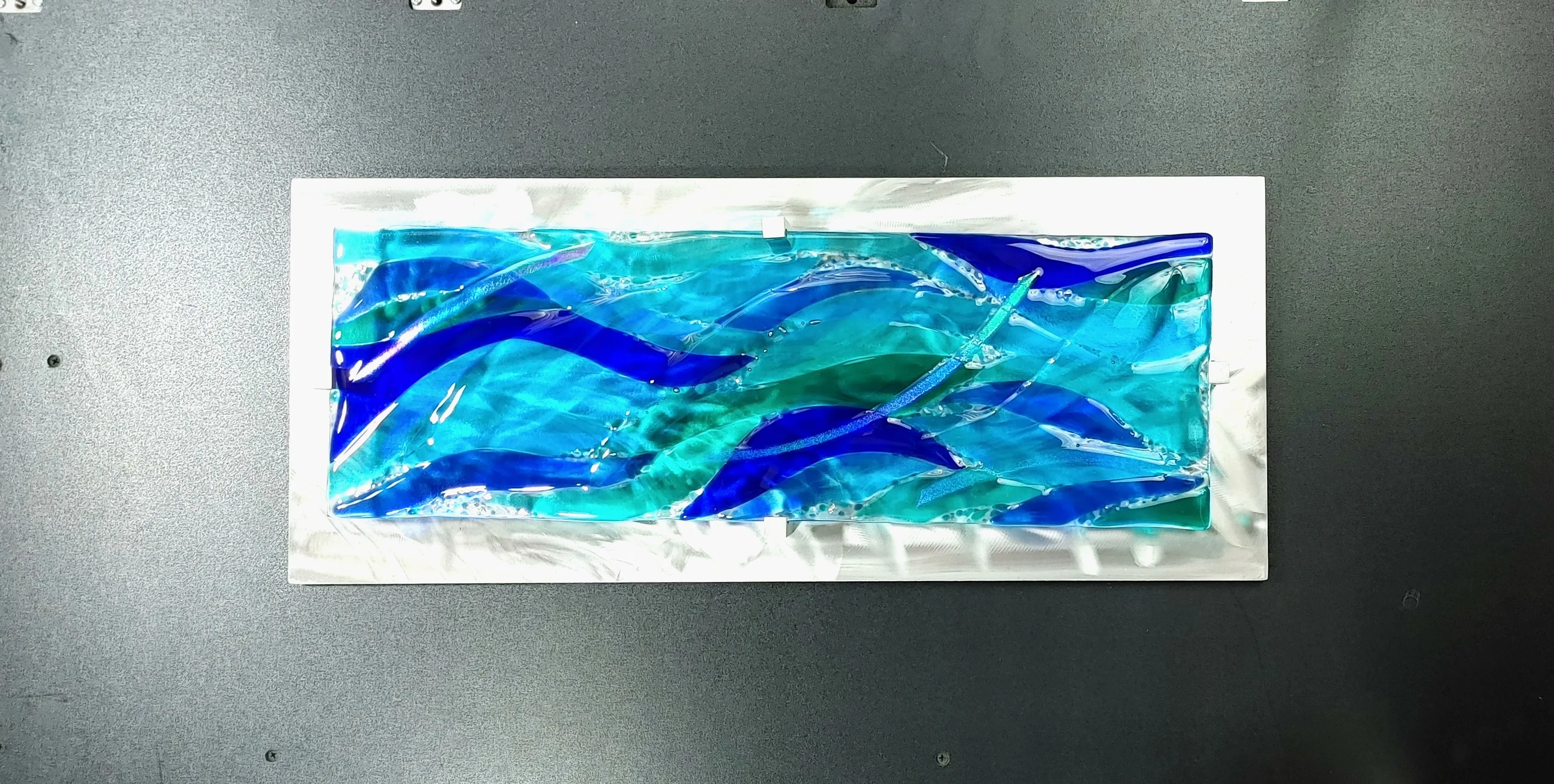Metal and Glass Art Panel Fused Ocean Themed Stained Fused Glass.  "Water Ways"