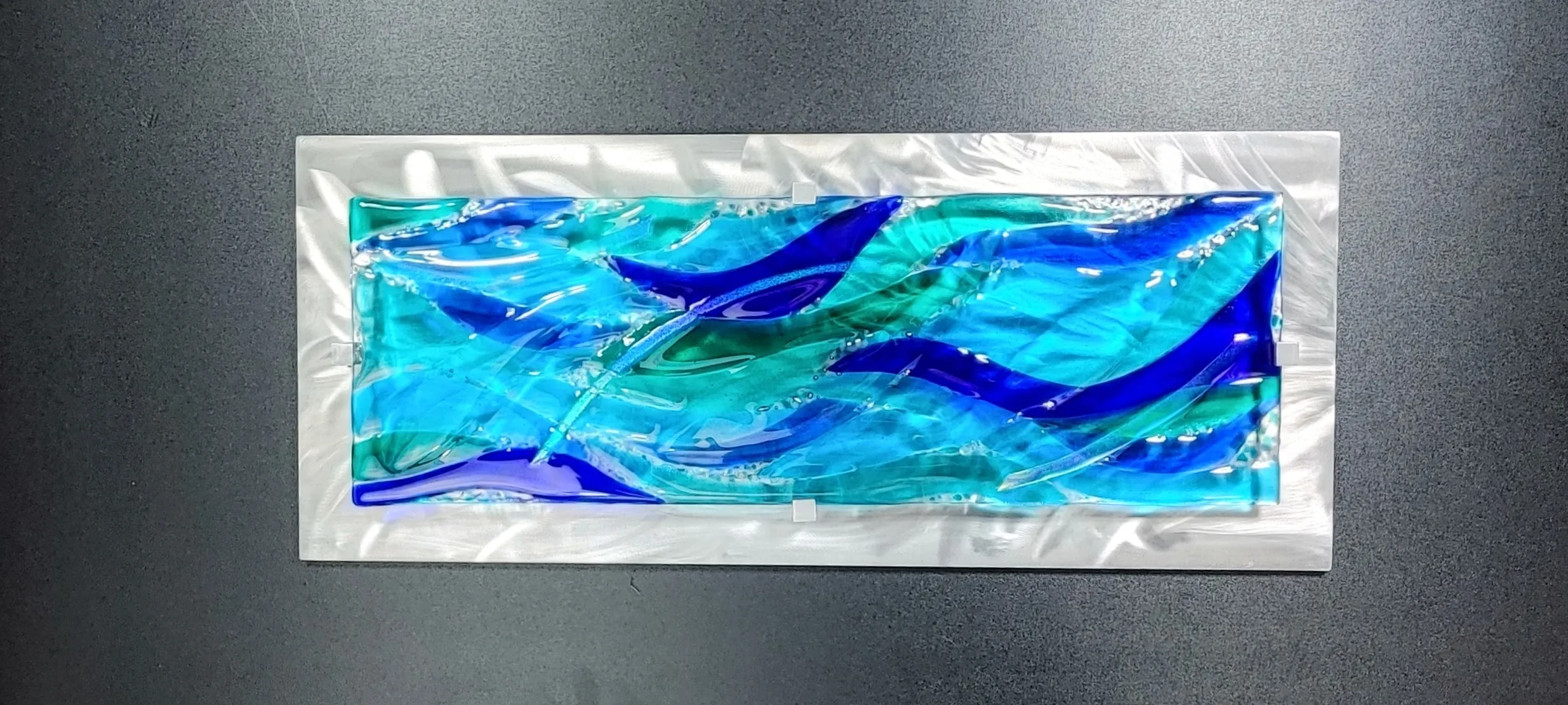 Metal and Glass Art Panel Fused Ocean Themed Stained Fused Glass.  "Water Ways"