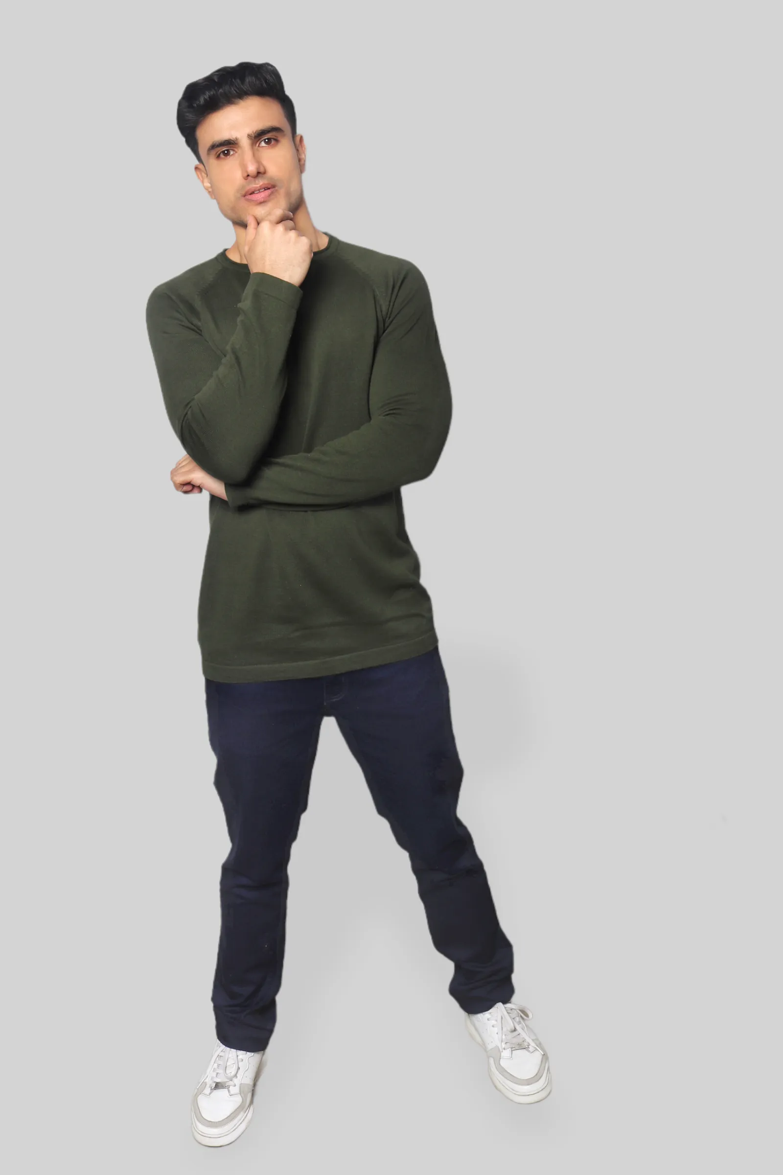 Military Green Flat Knit rough neck Full Sleeve T-shirt