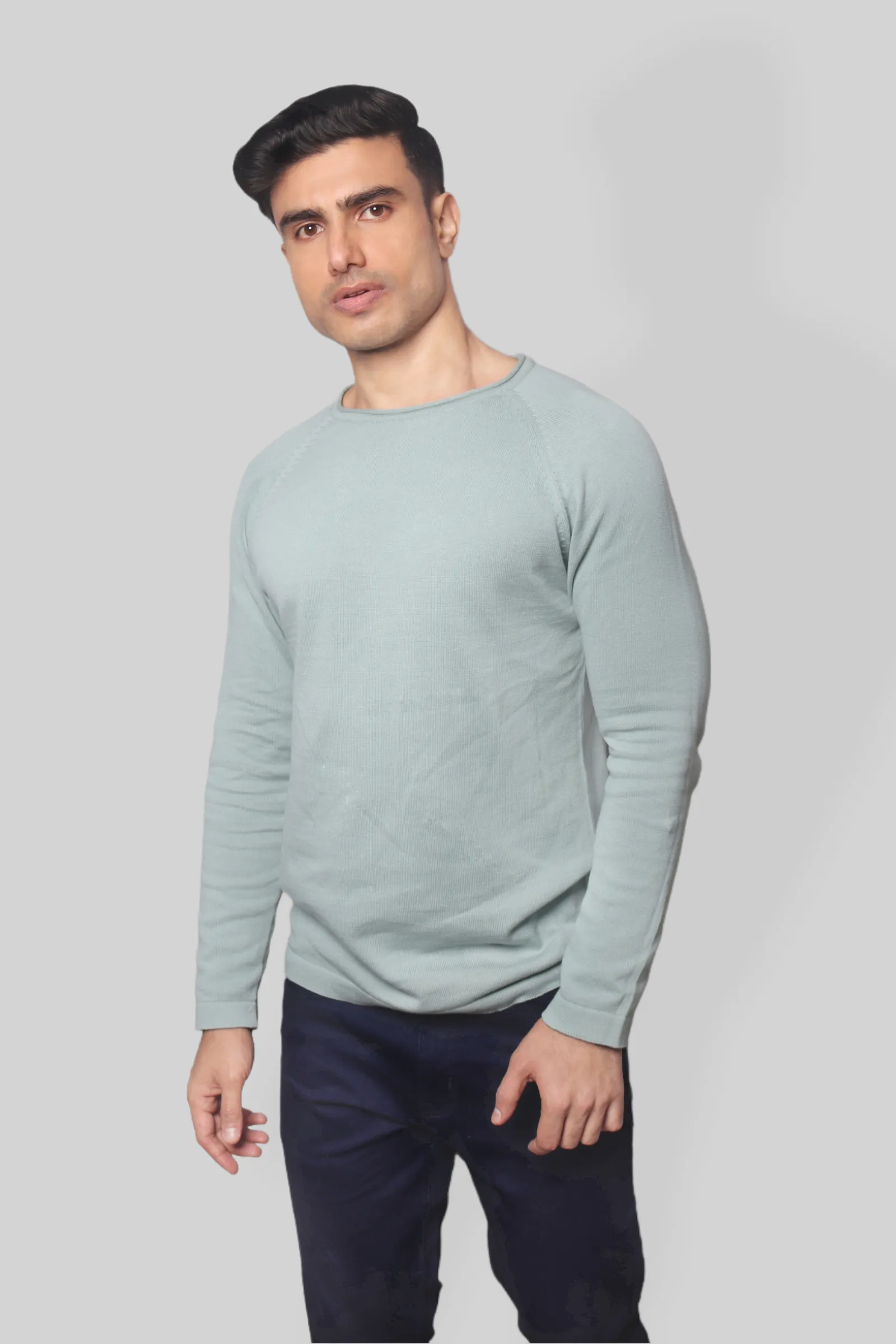 Pastel Green Flat Knit Full Sleeve rough neck T-shirt for mens