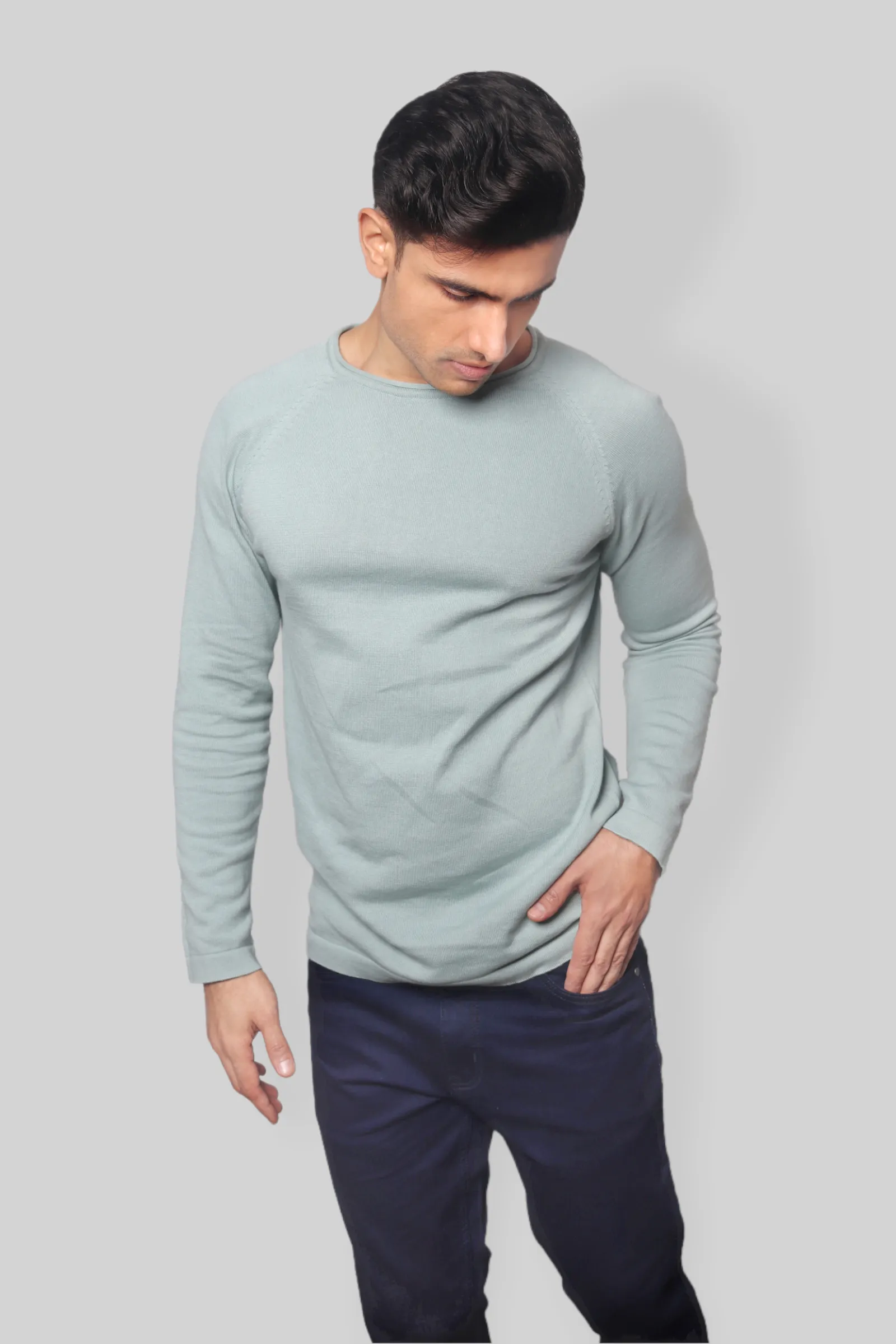 Pastel Green Flat Knit Full Sleeve rough neck T-shirt for mens