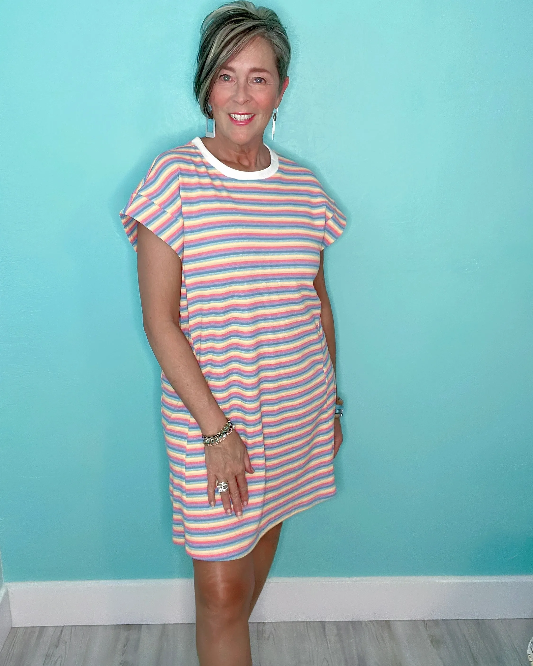 Pastel Rainbow Striped Textured T-Shirt Style Cap Sleeve Dress