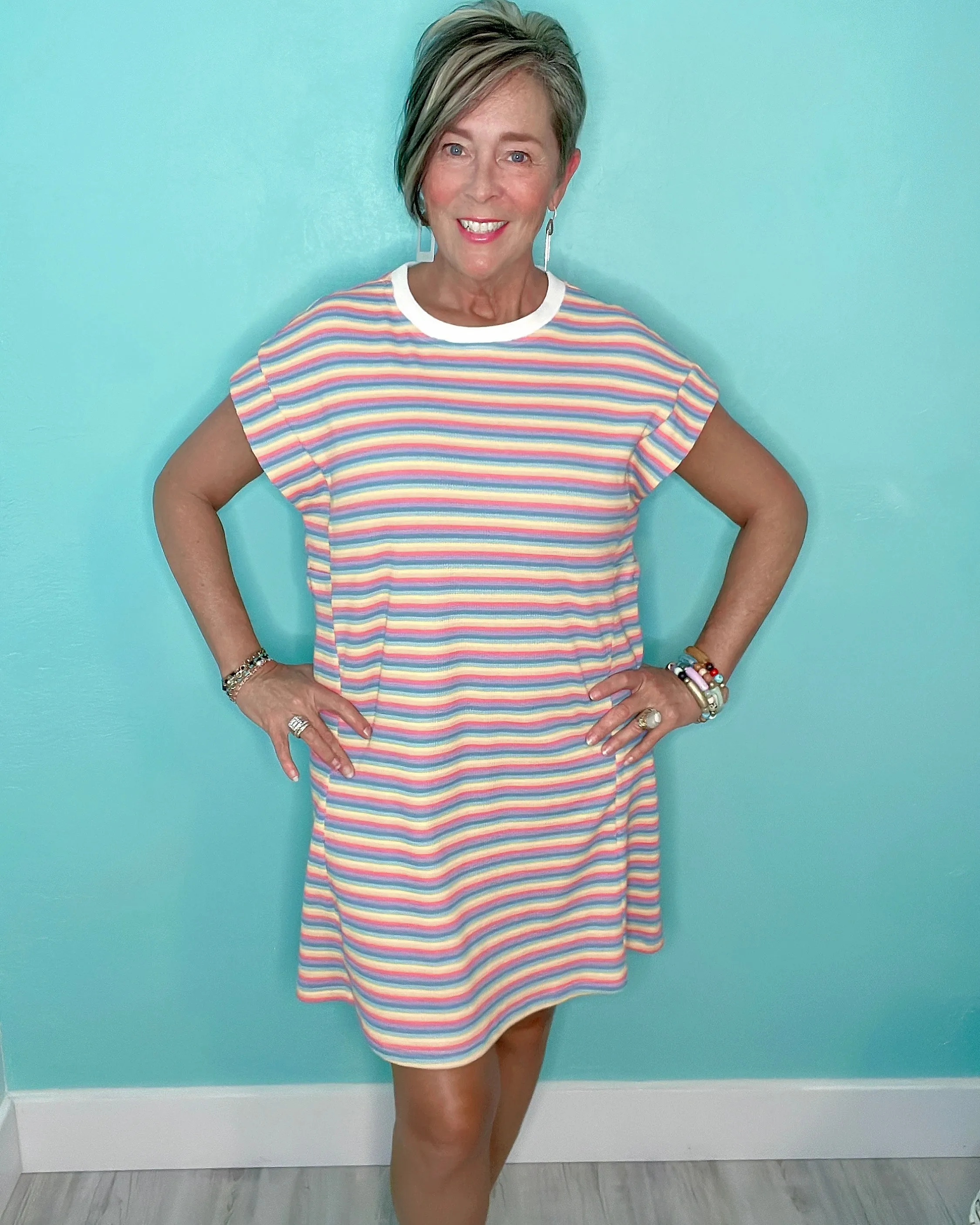 Pastel Rainbow Striped Textured T-Shirt Style Cap Sleeve Dress