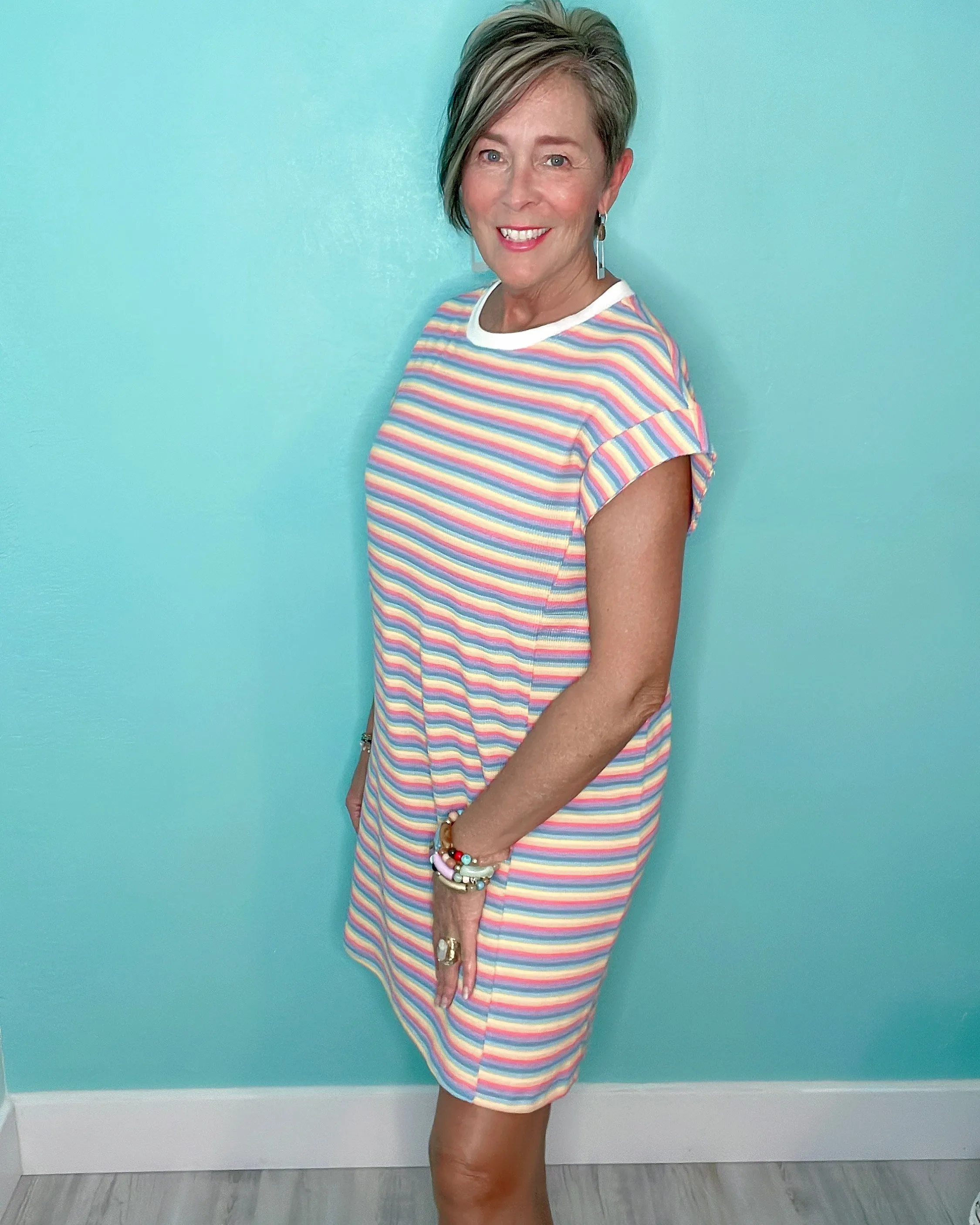 Pastel Rainbow Striped Textured T-Shirt Style Cap Sleeve Dress