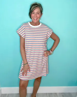 Pastel Rainbow Striped Textured T-Shirt Style Cap Sleeve Dress