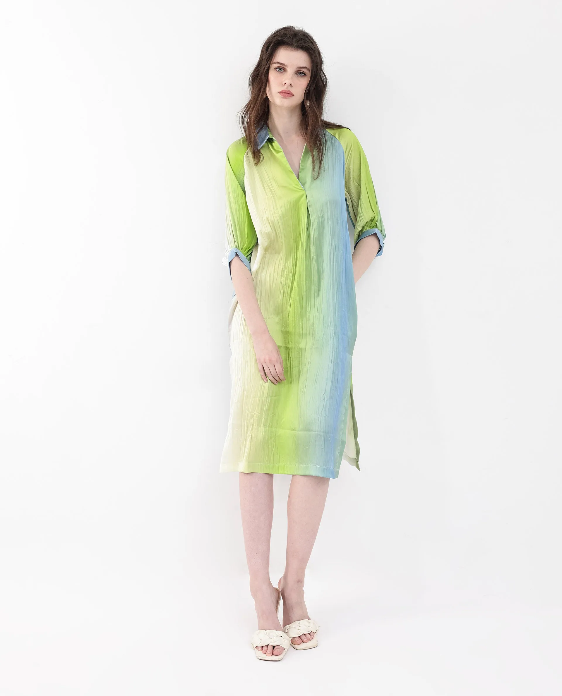 Rareism Women Boris Multi Polyester Fabric Cap Sleeve Collared Neck Ombre Longline Dress