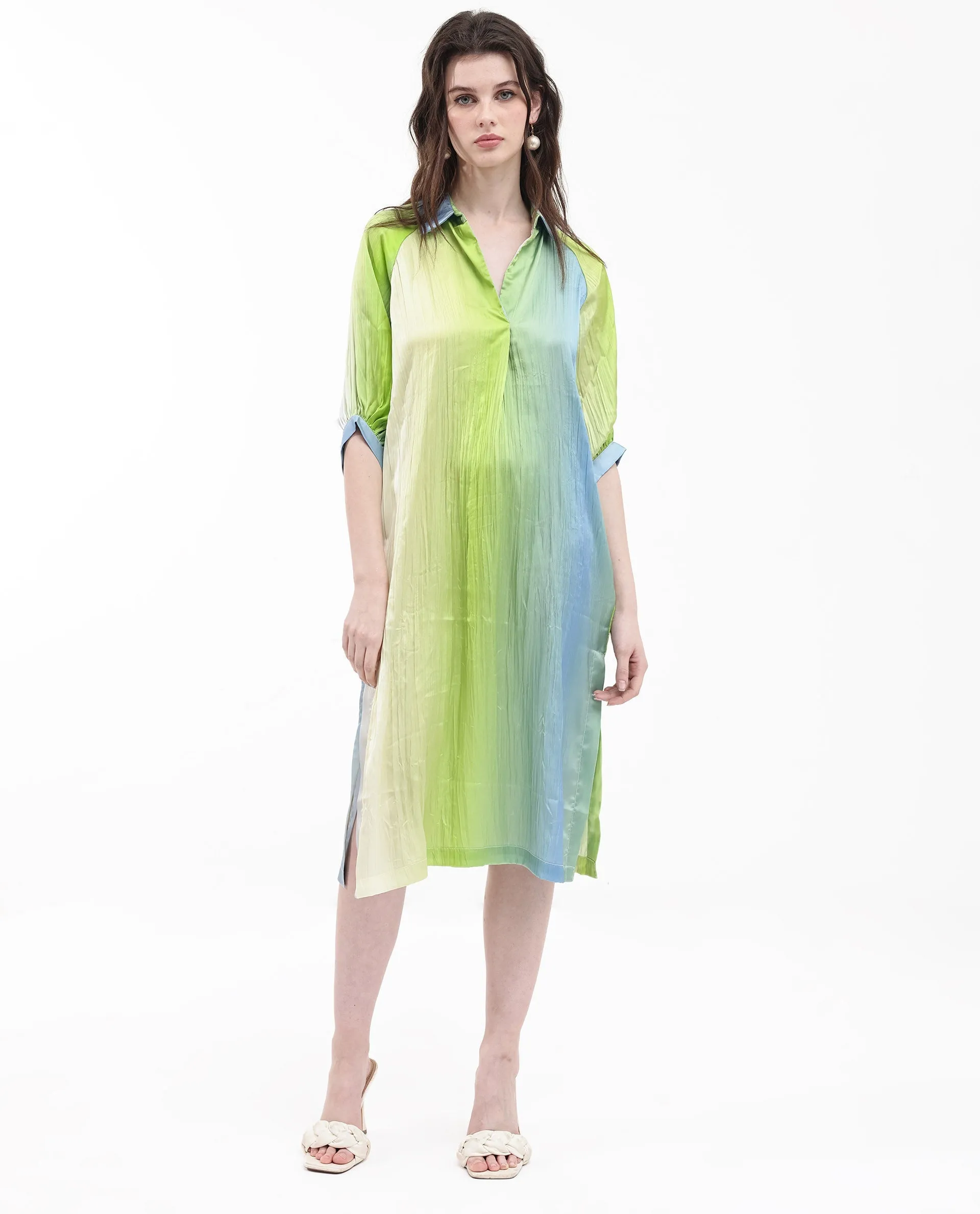 Rareism Women Boris Multi Polyester Fabric Cap Sleeve Collared Neck Ombre Longline Dress