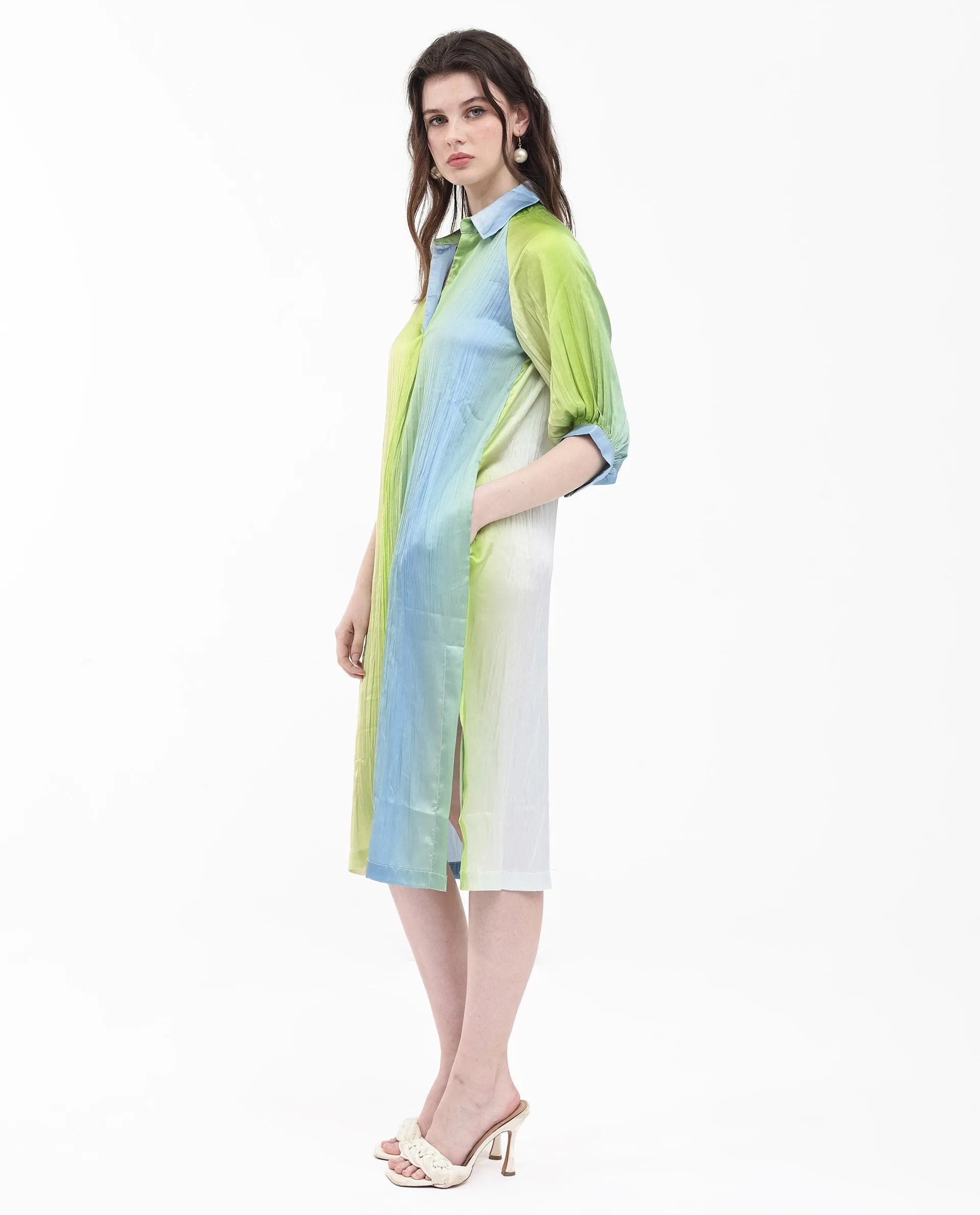 Rareism Women Boris Multi Polyester Fabric Cap Sleeve Collared Neck Ombre Longline Dress