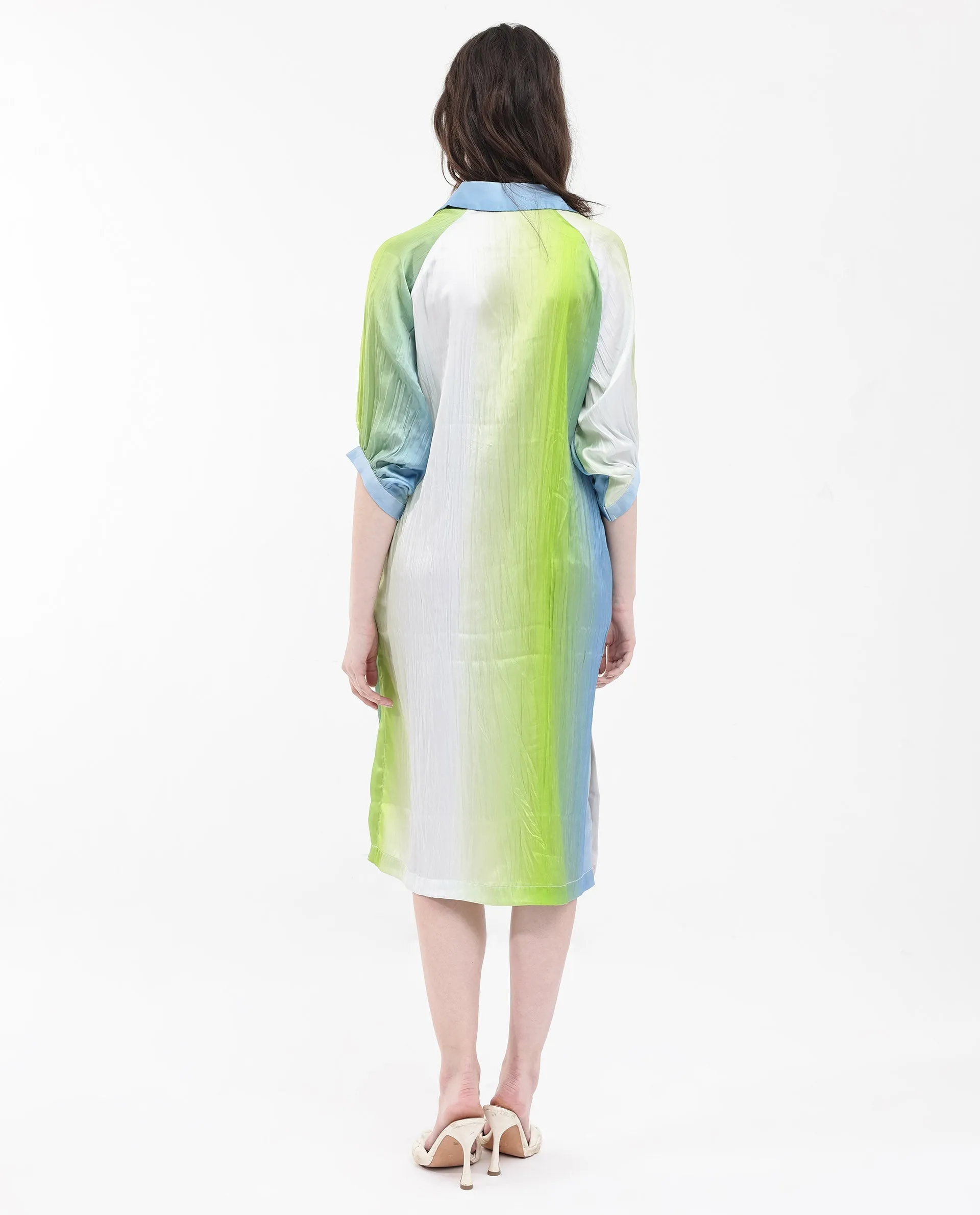 Rareism Women Boris Multi Polyester Fabric Cap Sleeve Collared Neck Ombre Longline Dress