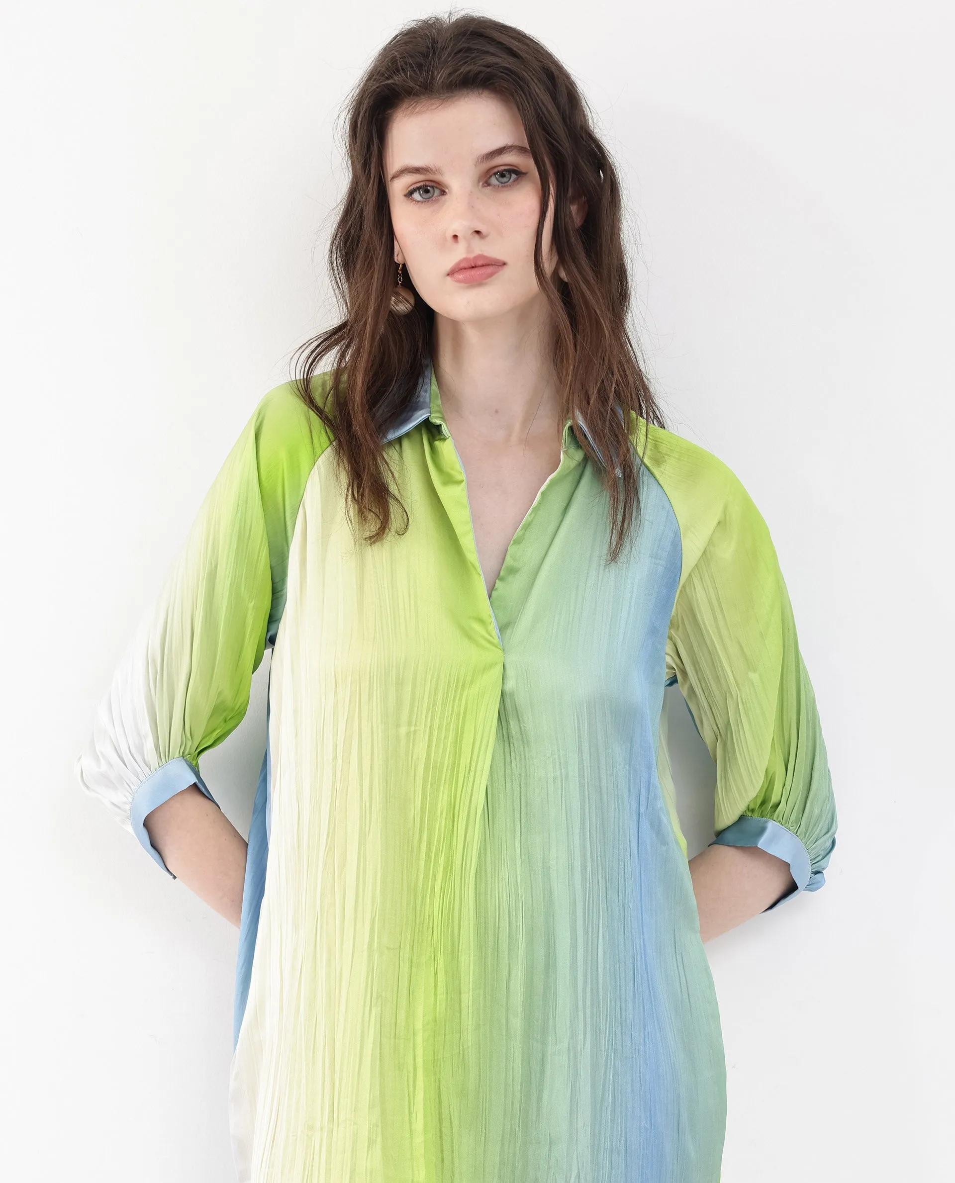 Rareism Women Boris Multi Polyester Fabric Cap Sleeve Collared Neck Ombre Longline Dress
