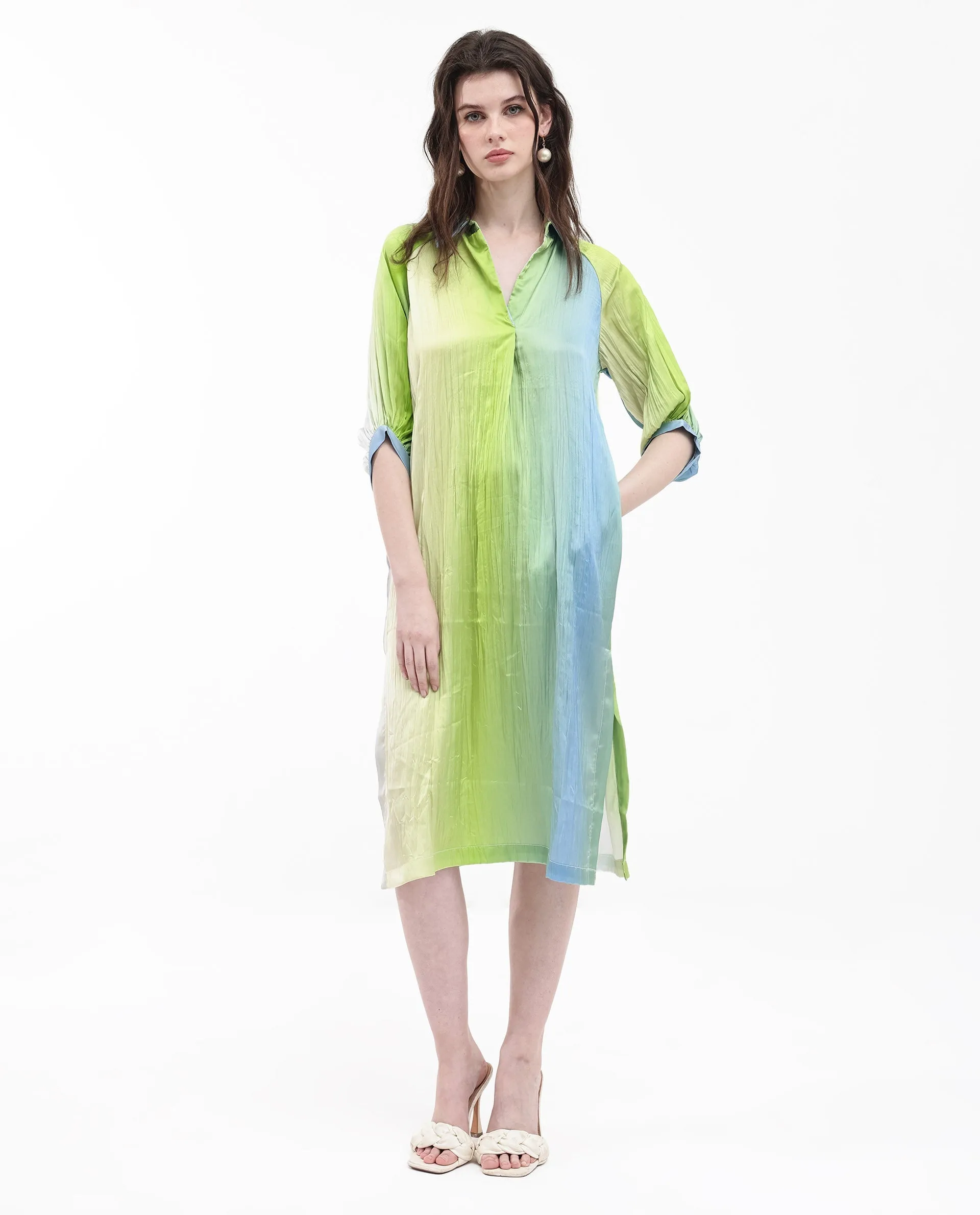 Rareism Women Boris Multi Polyester Fabric Cap Sleeve Collared Neck Ombre Longline Dress