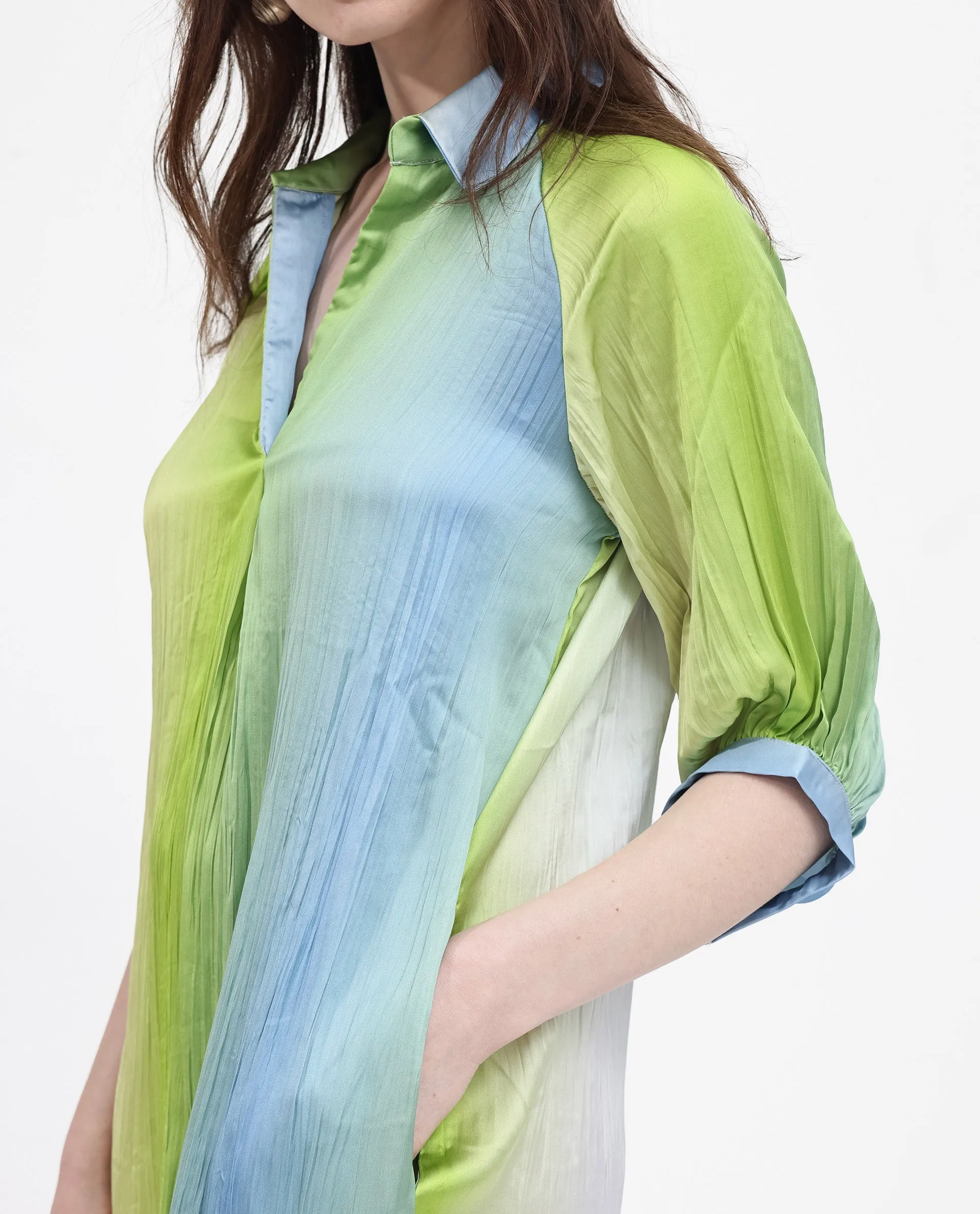 Rareism Women Boris Multi Polyester Fabric Cap Sleeve Collared Neck Ombre Longline Dress