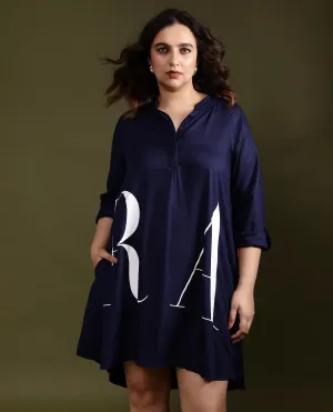 Rareism Women Leor Dark Blue Tencel Fabric Full Sleeves Button Closure Mandarin Collar Relaxed Fit Print Short A-Line Dress