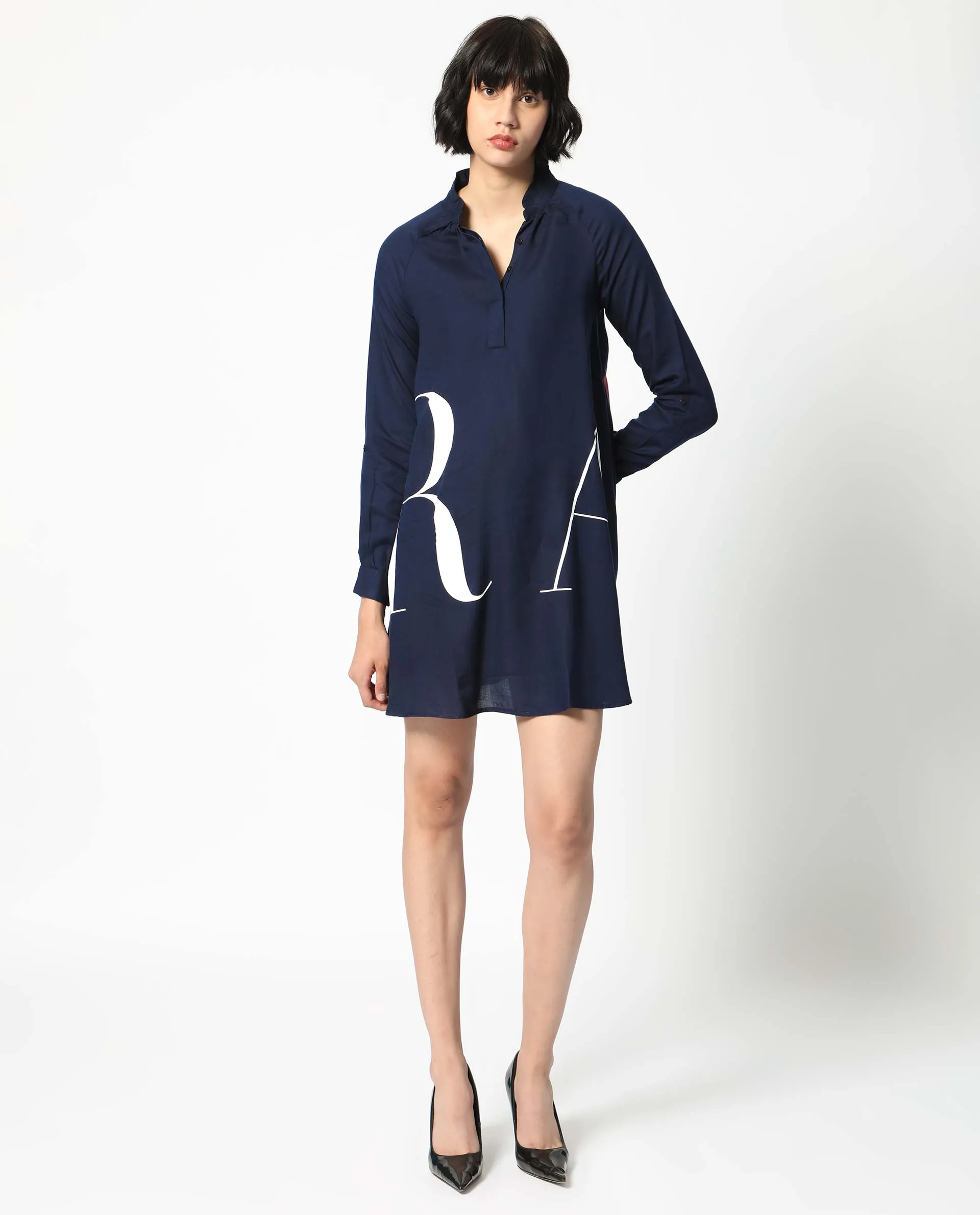 Rareism Women Leor Dark Blue Tencel Fabric Full Sleeves Button Closure Mandarin Collar Relaxed Fit Print Short A-Line Dress