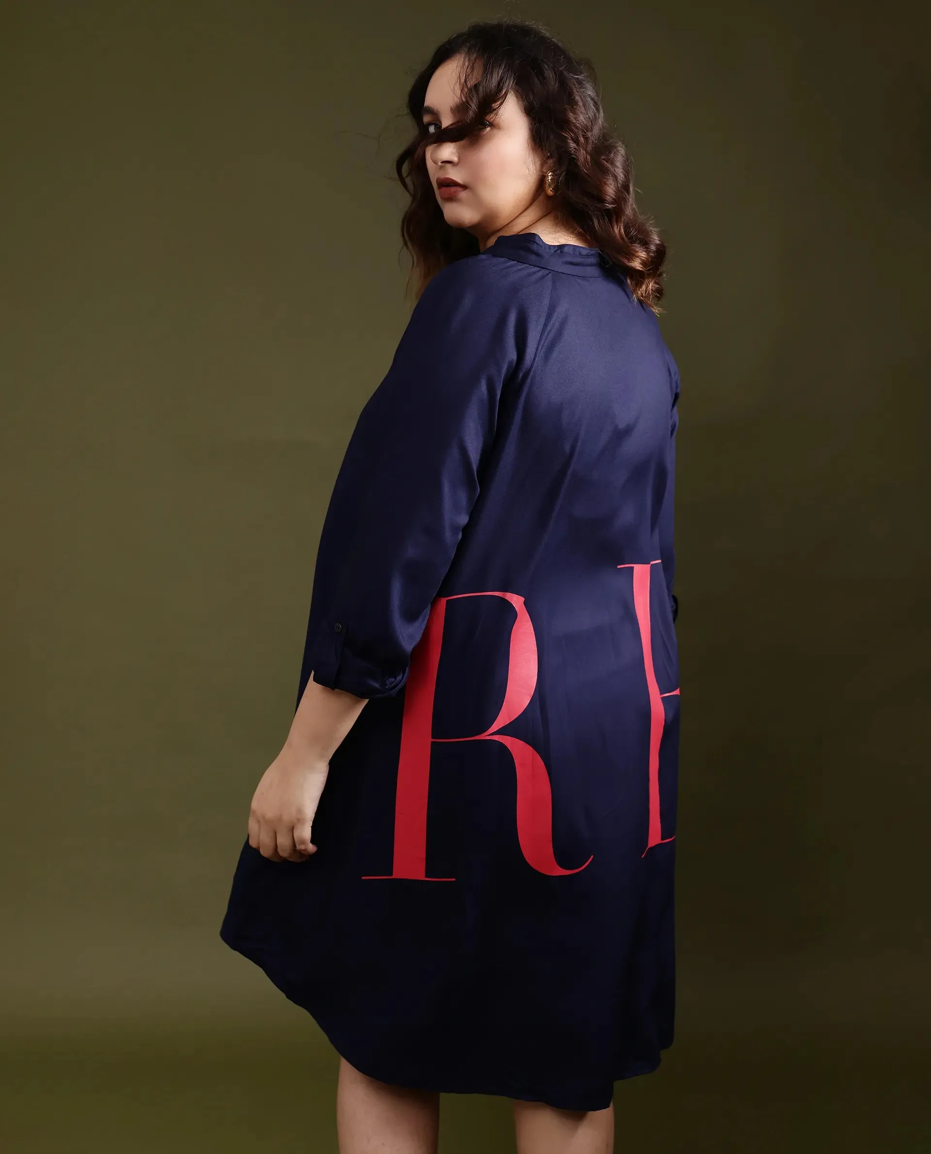 Rareism Women Leor Dark Blue Tencel Fabric Full Sleeves Button Closure Mandarin Collar Relaxed Fit Print Short A-Line Dress