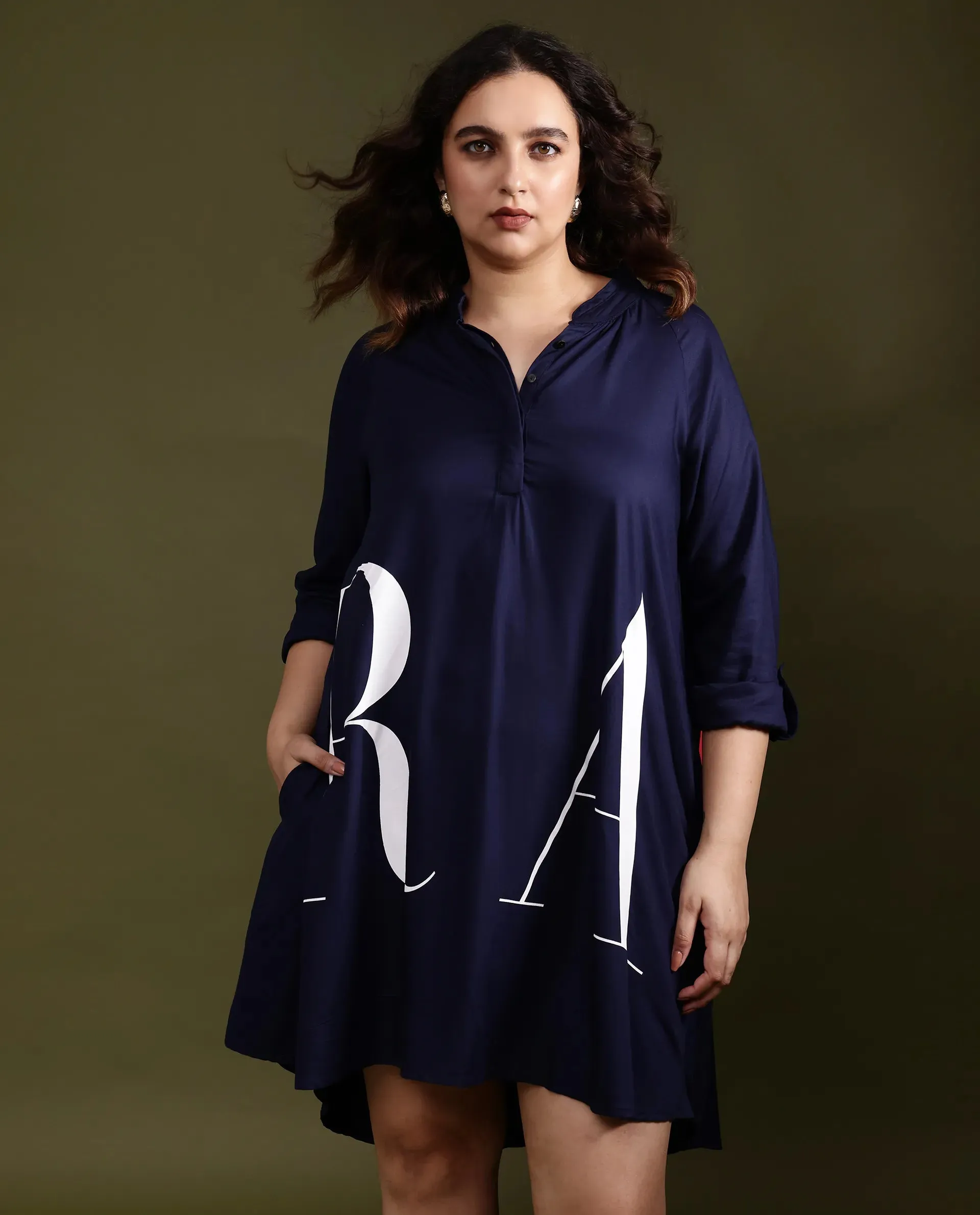 Rareism Women Leor Dark Blue Tencel Fabric Full Sleeves Button Closure Mandarin Collar Relaxed Fit Print Short A-Line Dress
