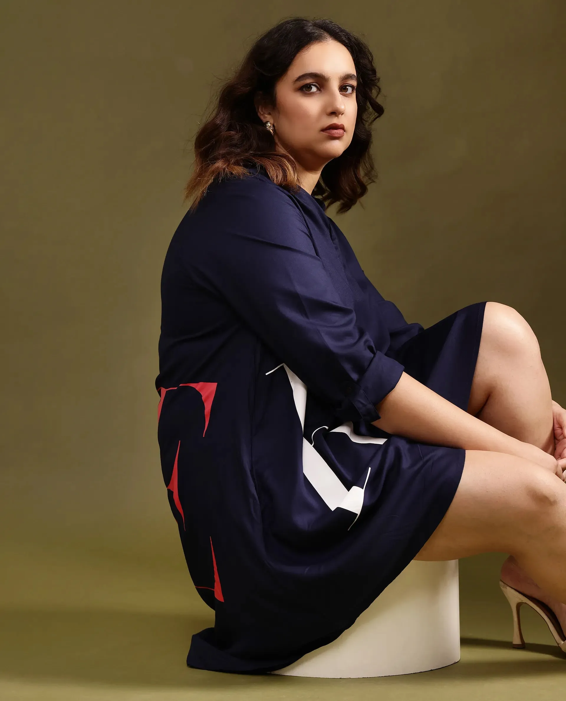 Rareism Women Leor Dark Blue Tencel Fabric Full Sleeves Button Closure Mandarin Collar Relaxed Fit Print Short A-Line Dress