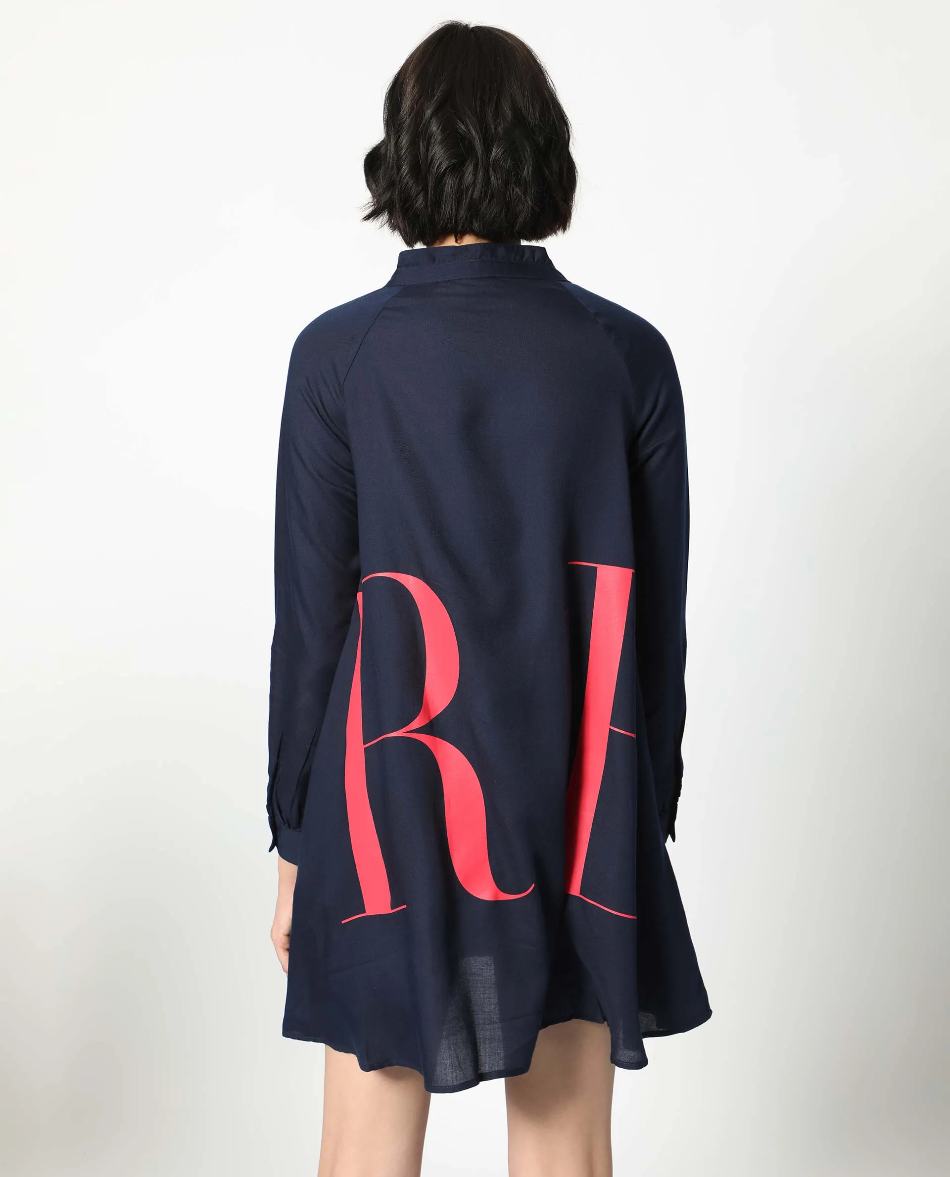 Rareism Women Leor Dark Blue Tencel Fabric Full Sleeves Button Closure Mandarin Collar Relaxed Fit Print Short A-Line Dress
