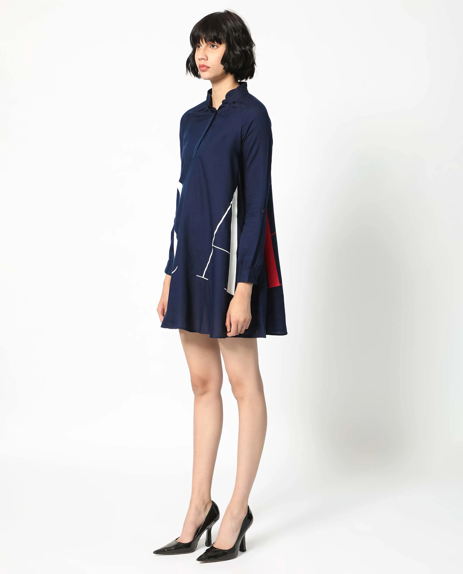 Rareism Women Leor Dark Blue Tencel Fabric Full Sleeves Button Closure Mandarin Collar Relaxed Fit Print Short A-Line Dress