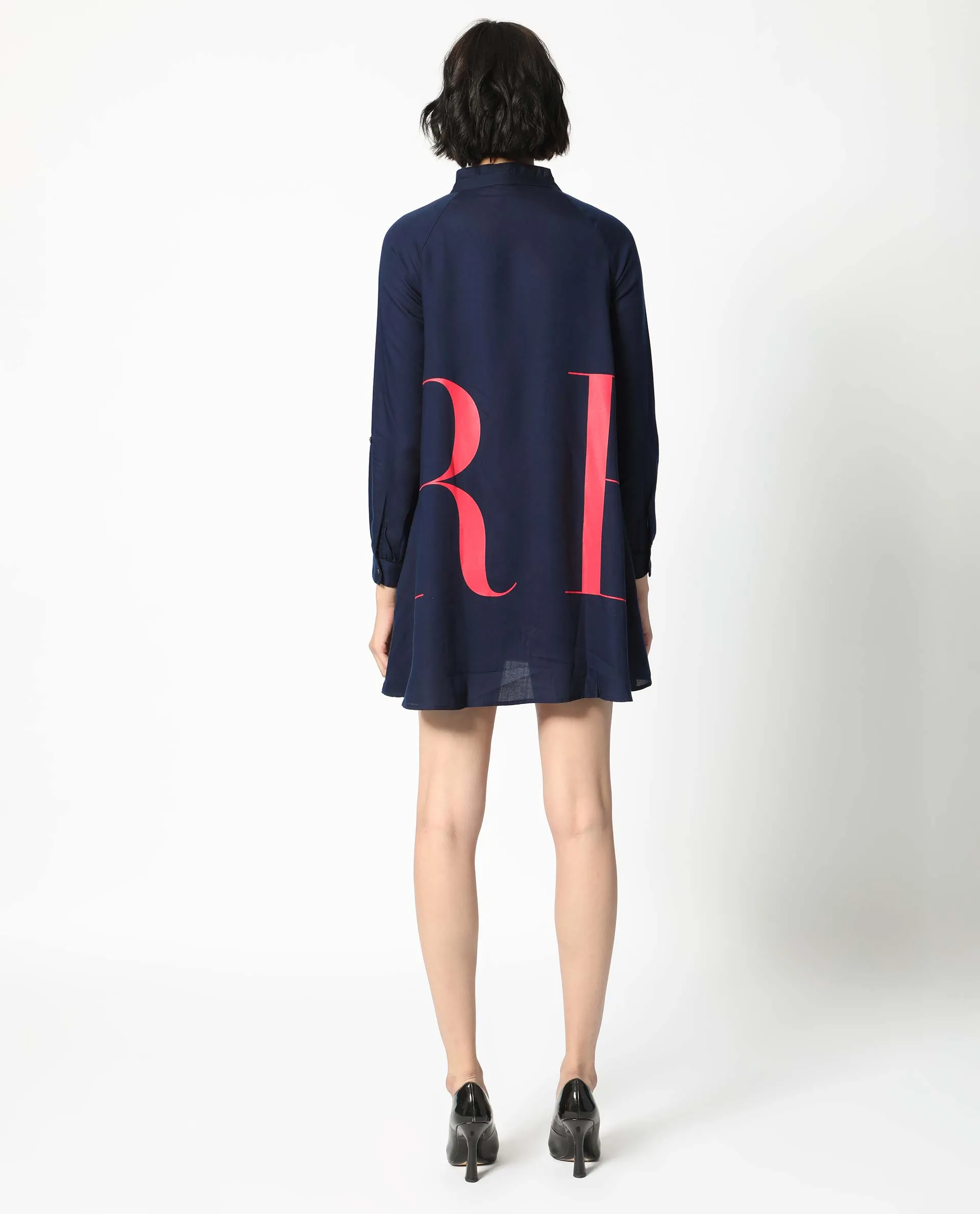 Rareism Women Leor Dark Blue Tencel Fabric Full Sleeves Button Closure Mandarin Collar Relaxed Fit Print Short A-Line Dress