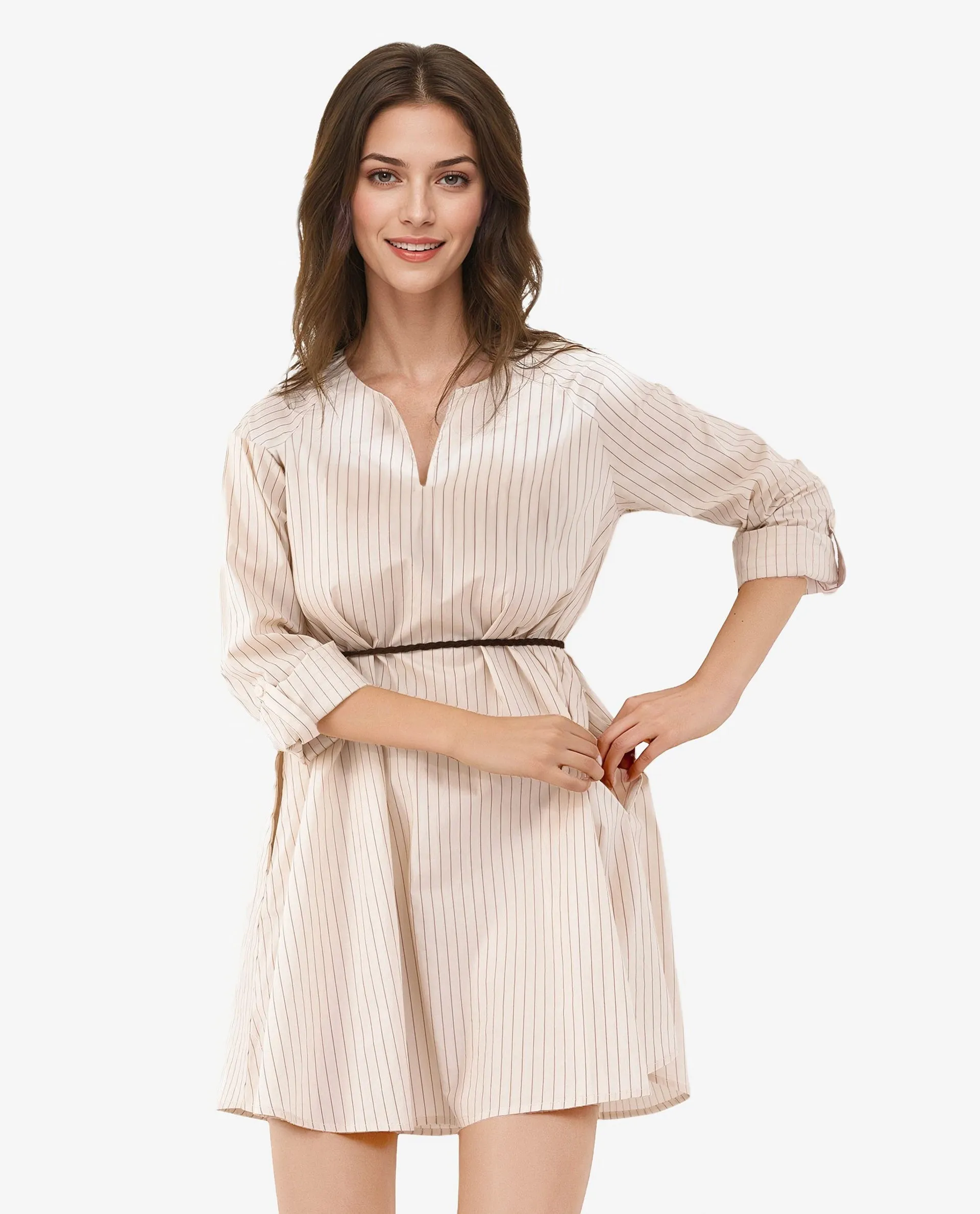 Rareism Women Margaret Beige Cotton Fabric Sleeveless Round Neck Stripe Regular Fit Dress