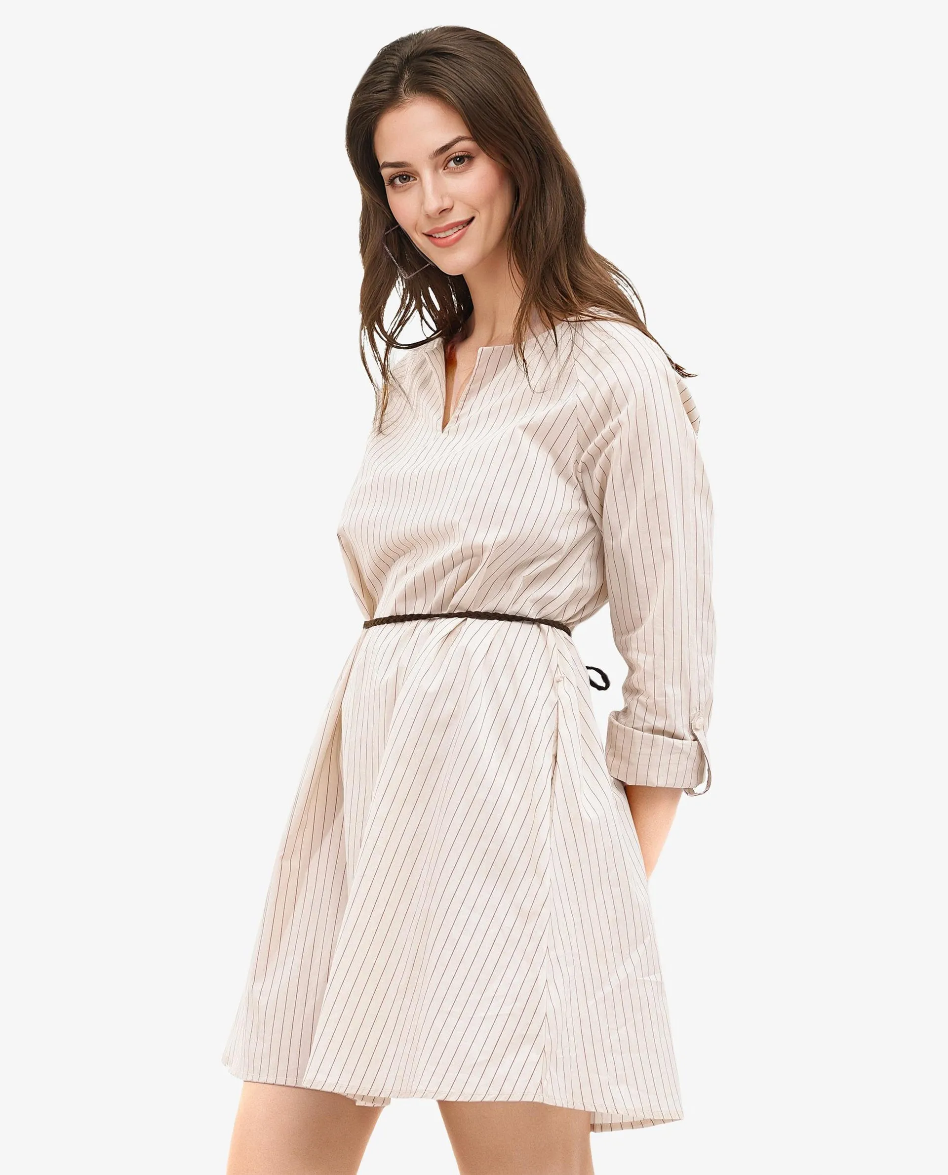 Rareism Women Margaret Beige Cotton Fabric Sleeveless Round Neck Stripe Regular Fit Dress