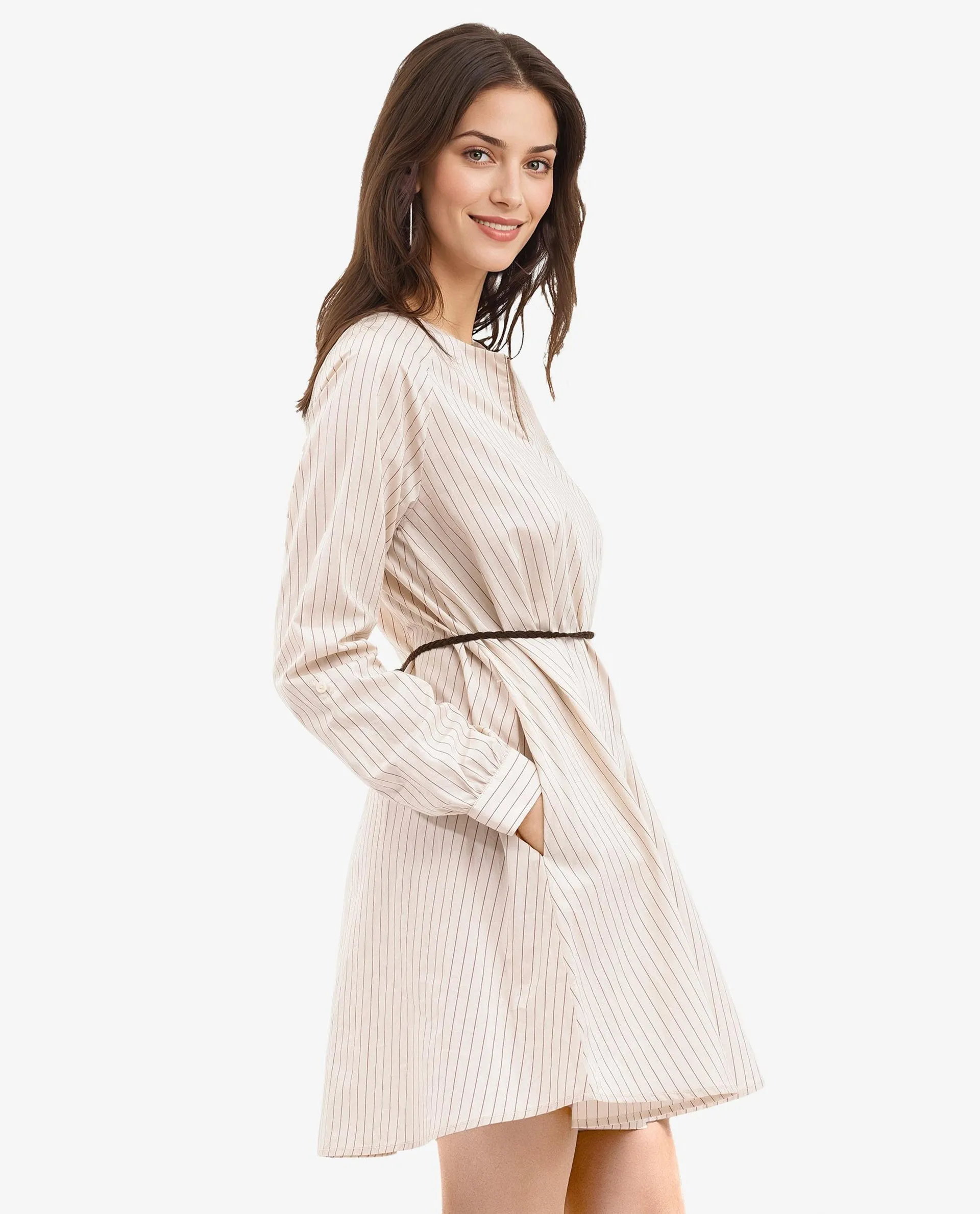 Rareism Women Margaret Beige Cotton Fabric Sleeveless Round Neck Stripe Regular Fit Dress